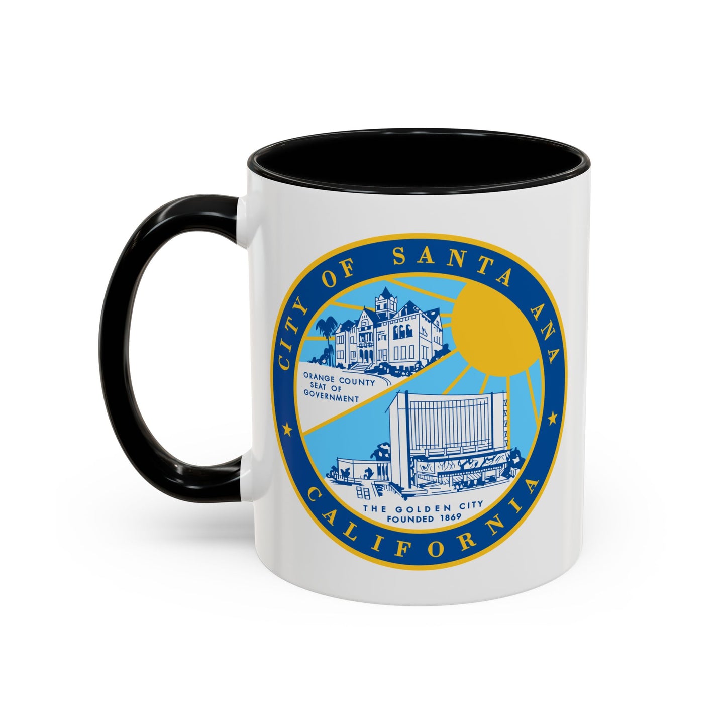 Santa Ana California Seal Coffee Mug - Double Sided Print, Black Accent White Ceramic, 11oz by TheGlassyLass.com