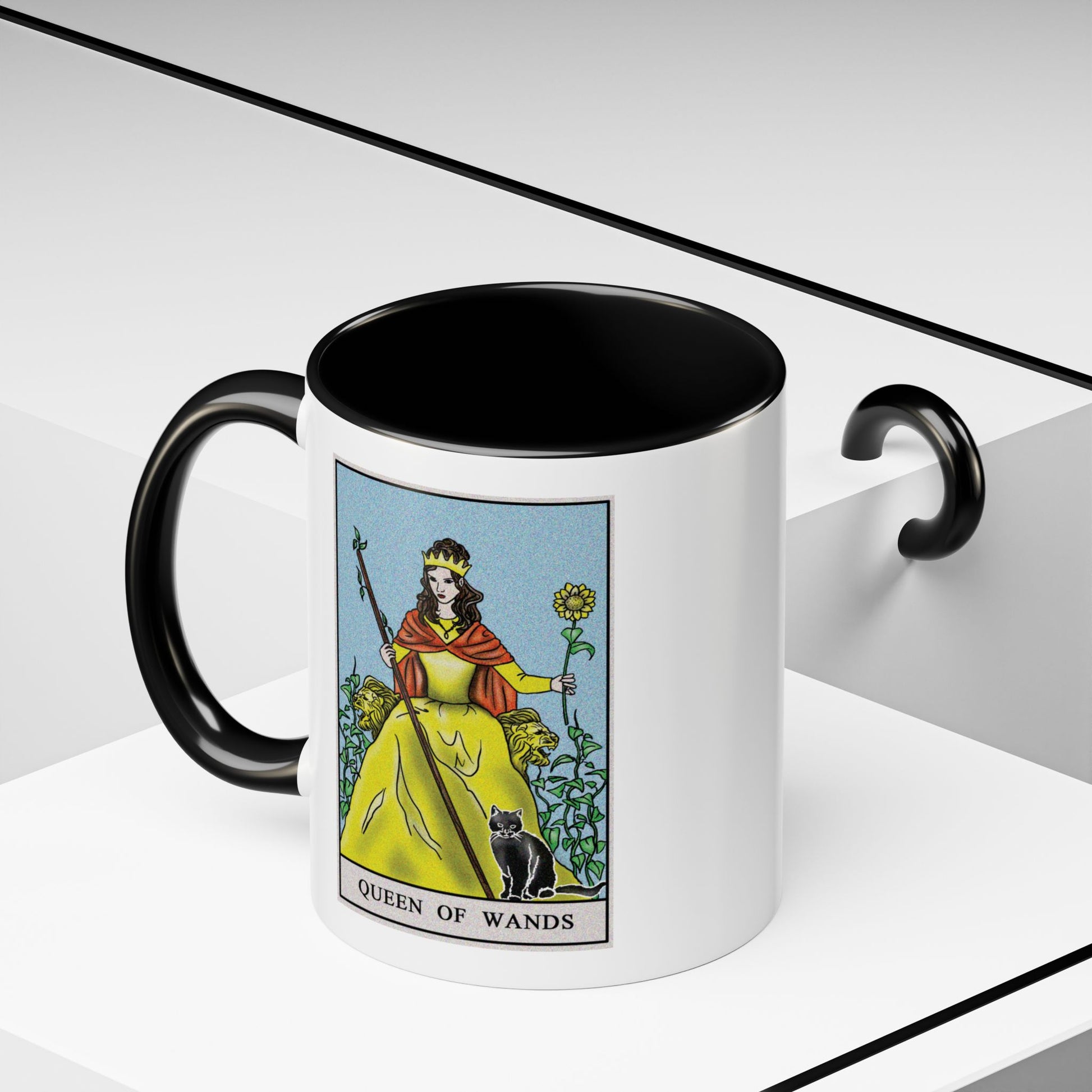 Queen of Wands Tarot Card Coffee Mug - Double Sided Print, Black Accent White Ceramic, 11oz by TheGlassyLass.com