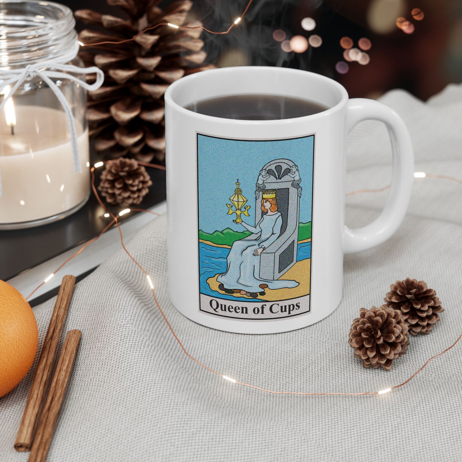 Queen of Cups Tarot Card Coffee Mug - Double Sided Print, White Ceramic, 11oz by TheGlassyLass.com