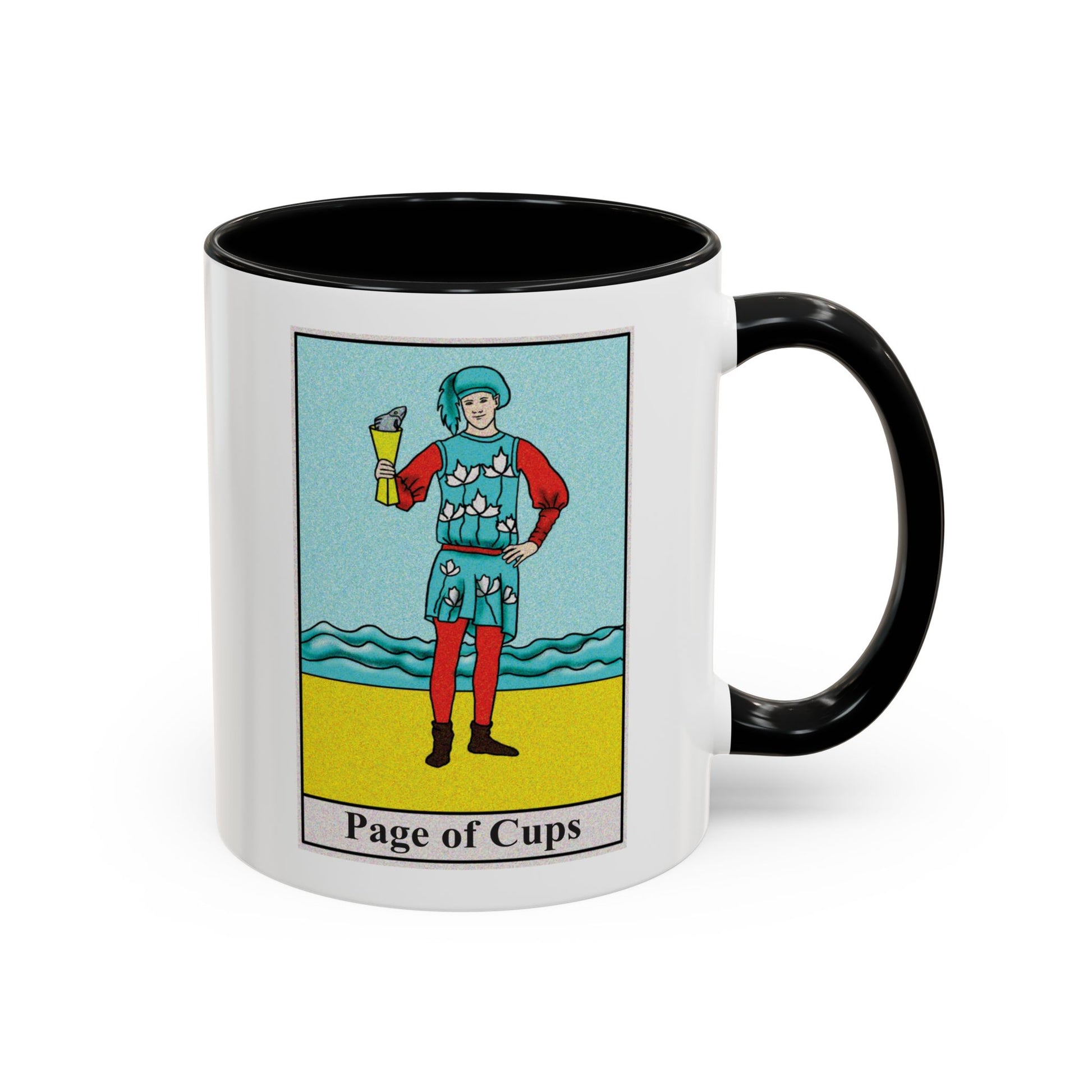 Page of Cups Tarot Card Coffee Mug - Double Sided Print, Black Accent White Ceramic, 11oz by TheGlassyLass.com