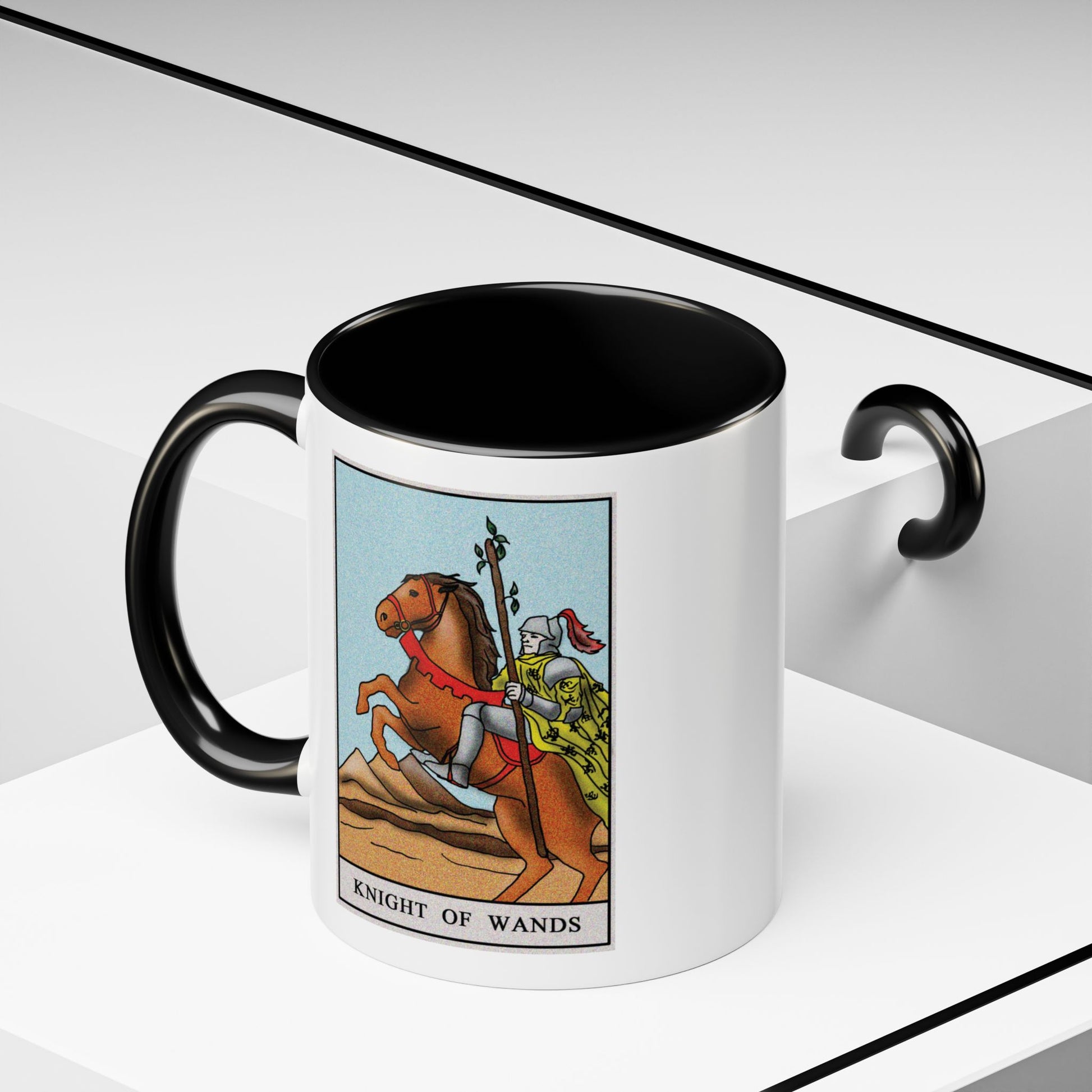 Knight of Wands Tarot Card Coffee Mug - Double Sided Print, Black Accent White Ceramic, 11oz by TheGlassyLass.com