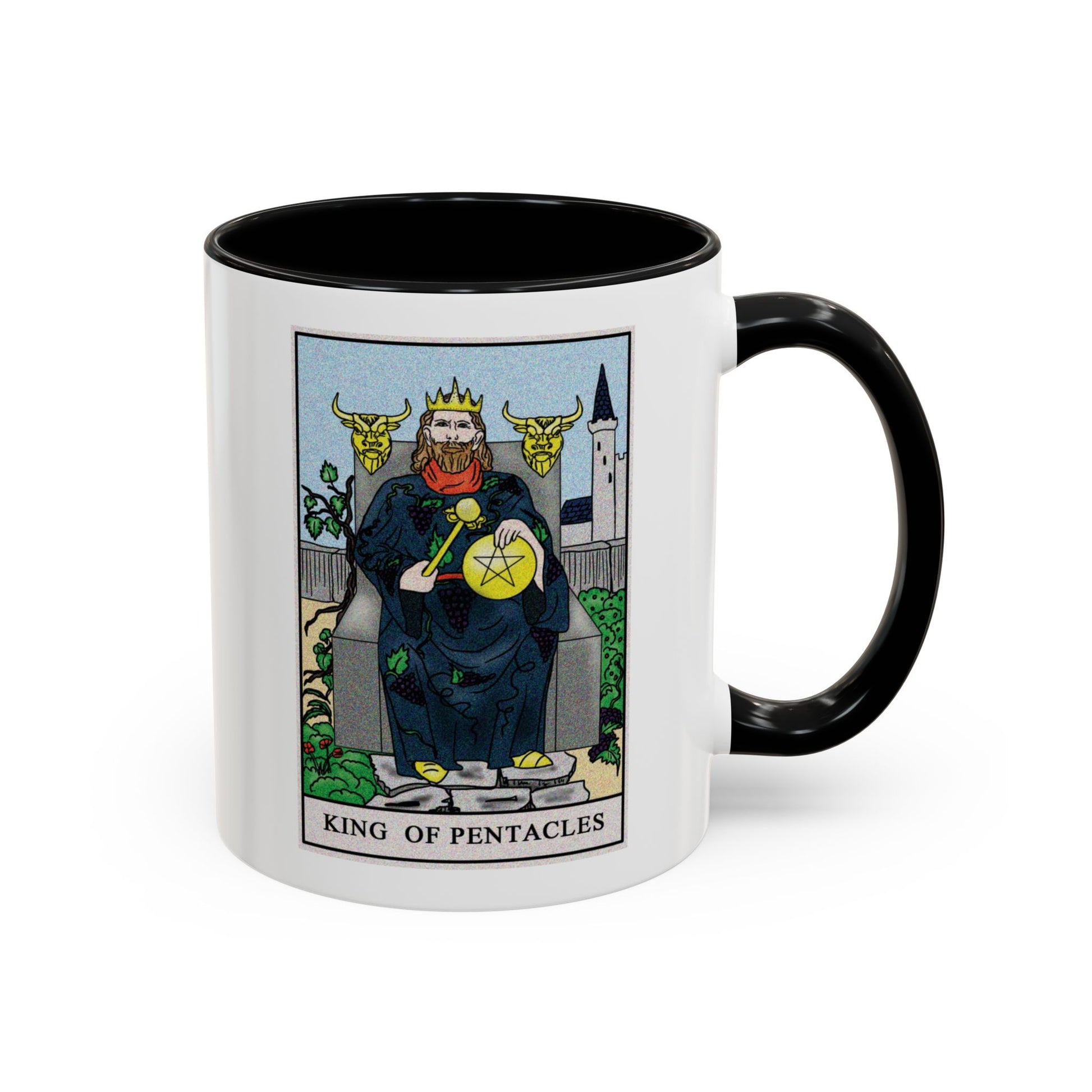 King of Pentacles Tarot Card Coffee Mug - Double Sided Print, Black Accent White Ceramic, 11oz by TheGlassyLass.com