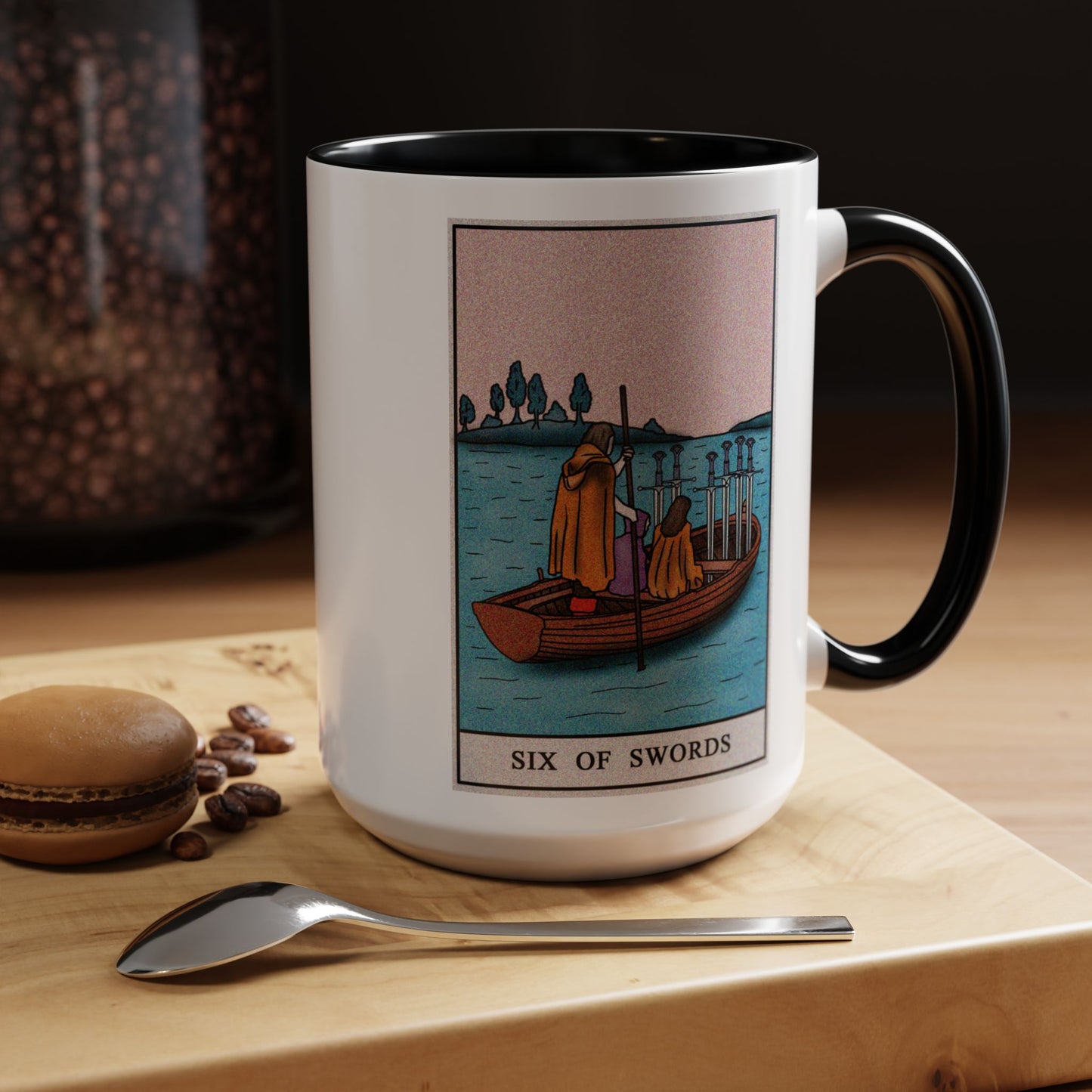 Six of Swords Tarot Card Coffee Mug - Double Sided Black Accent White Ceramic 15oz by TheGlassyLass