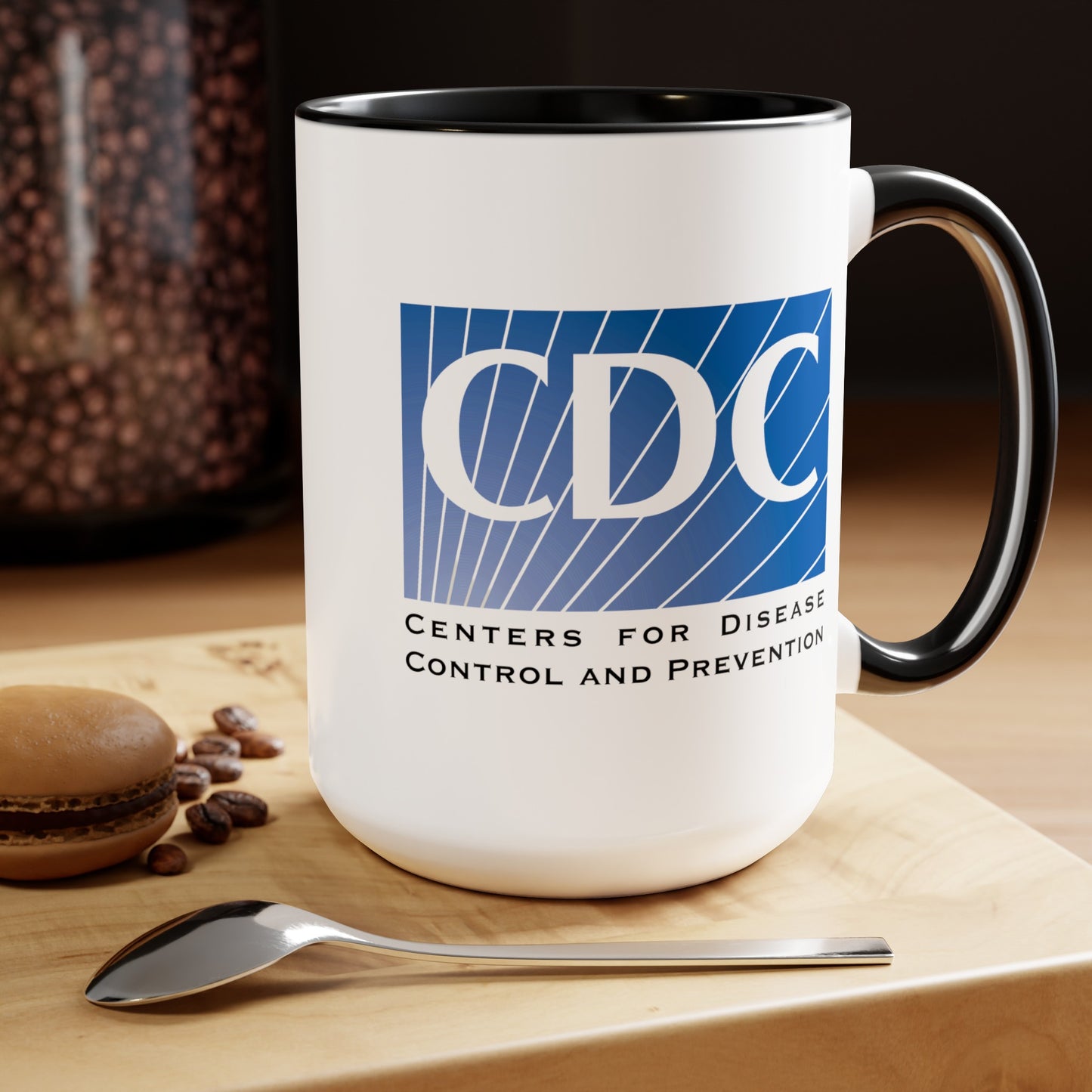 CDC Coffee Mugs - Double Sided Black Accent White Ceramic 15oz by TheGlassyLass.com