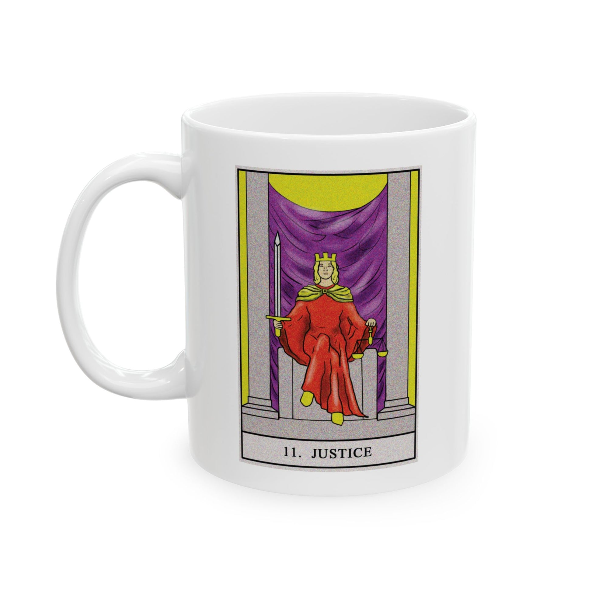 Justice Tarot Card Coffee Mug - Double Sided Print, White Ceramic, 11oz by TheGlassyLass.com