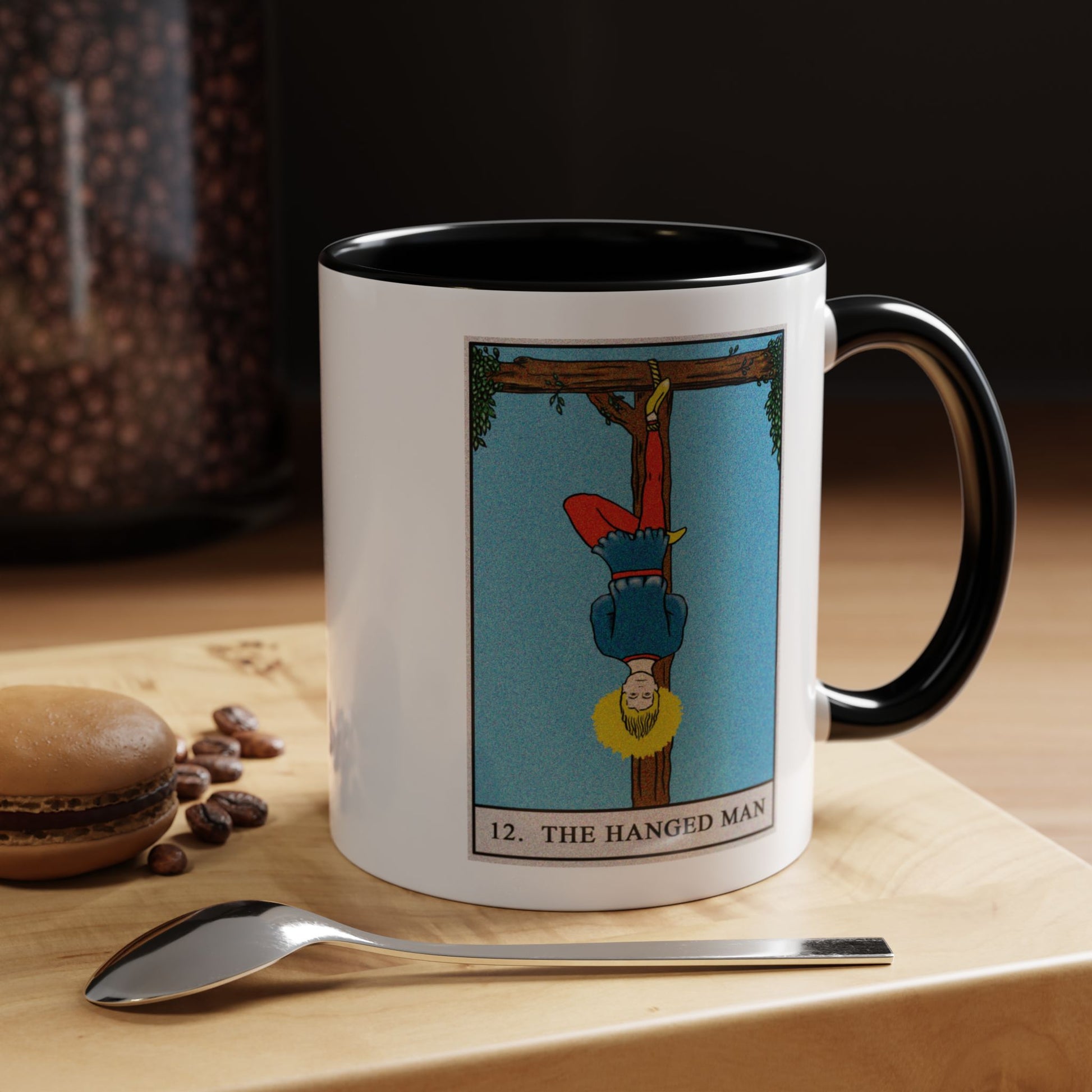 The Hanged Man Tarot Card Coffee Mug - Double Sided Print, Black Accent White Ceramic, 11oz by TheGlassyLass.com