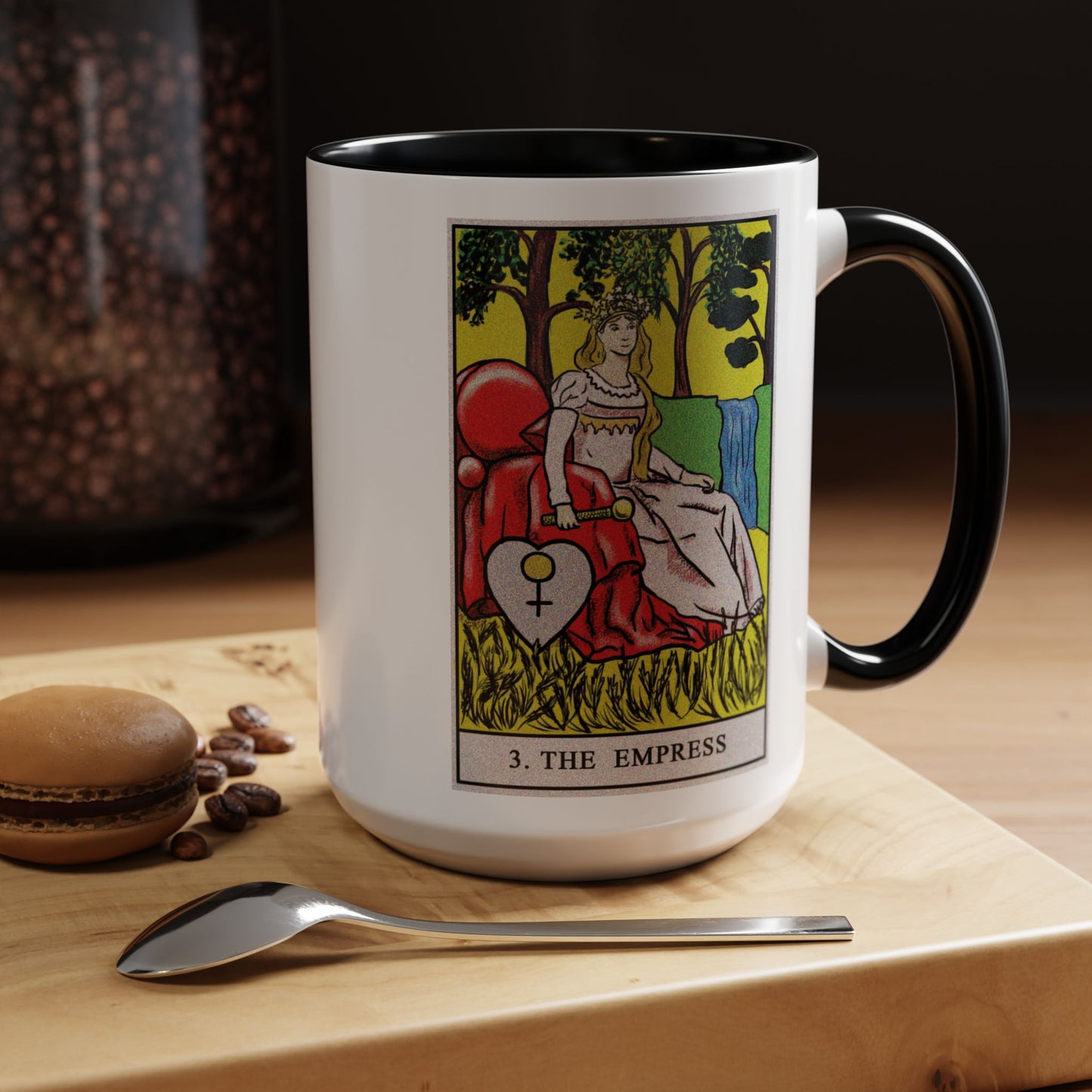 The Empress Tarot Card Coffee Mug - Double Sided Black Accent White Ceramic 15oz by TheGlassyLass