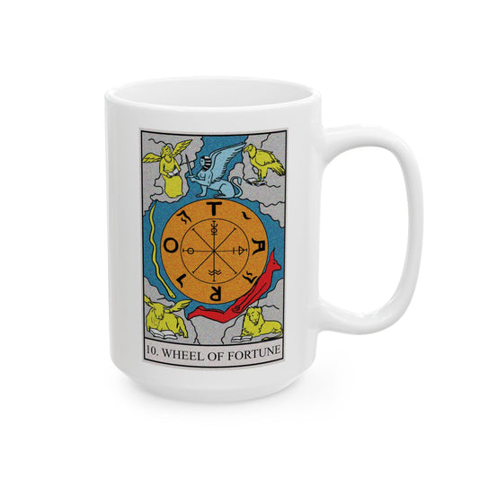 The Wheel of Fortune Tarot Card Coffee Mug - Double Sided White Ceramic 15oz by TheGlassyLass.com