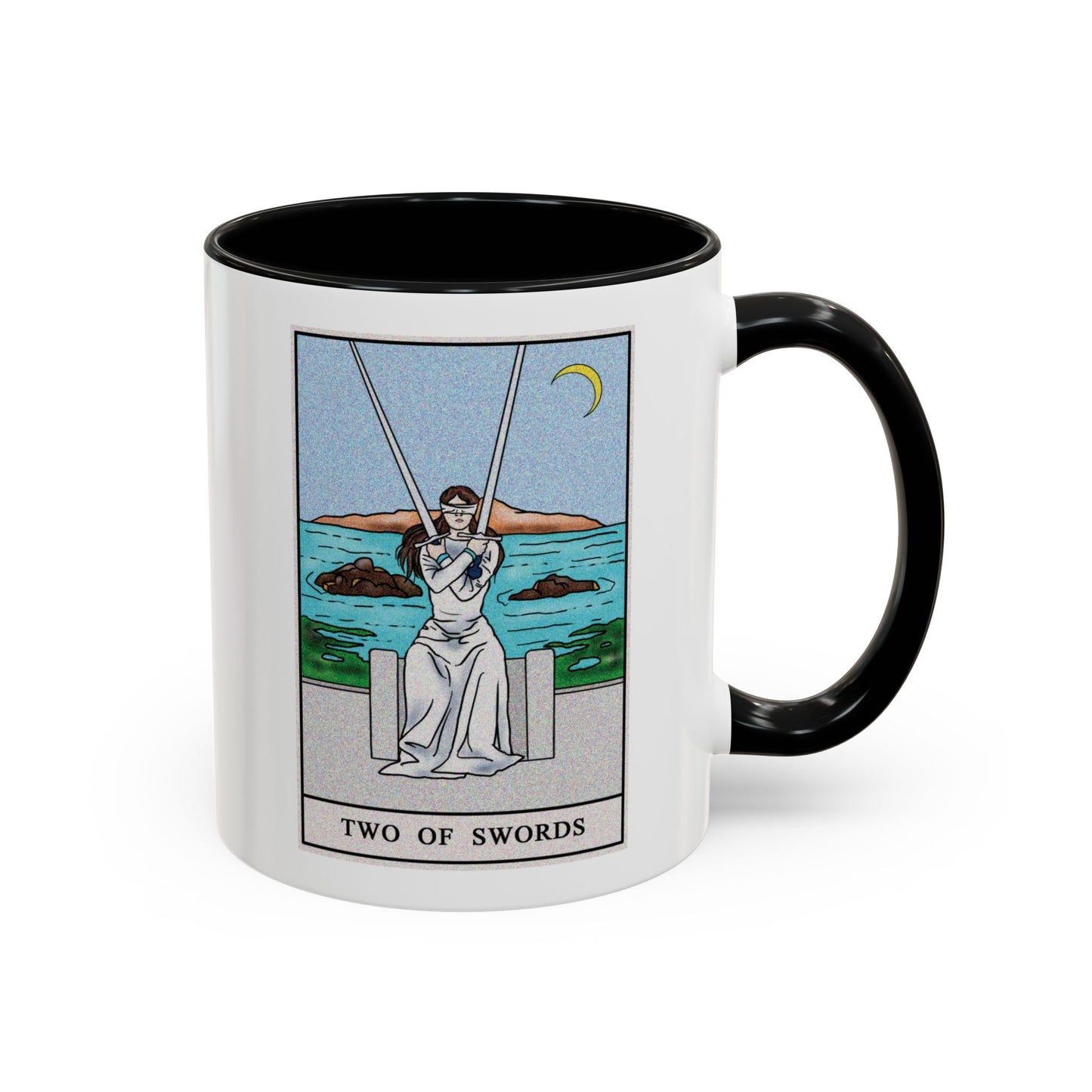 Two of Swords Tarot Card Coffee Mug - Double Sided Print, Black Accent White Ceramic, 11oz by TheGlassyLass