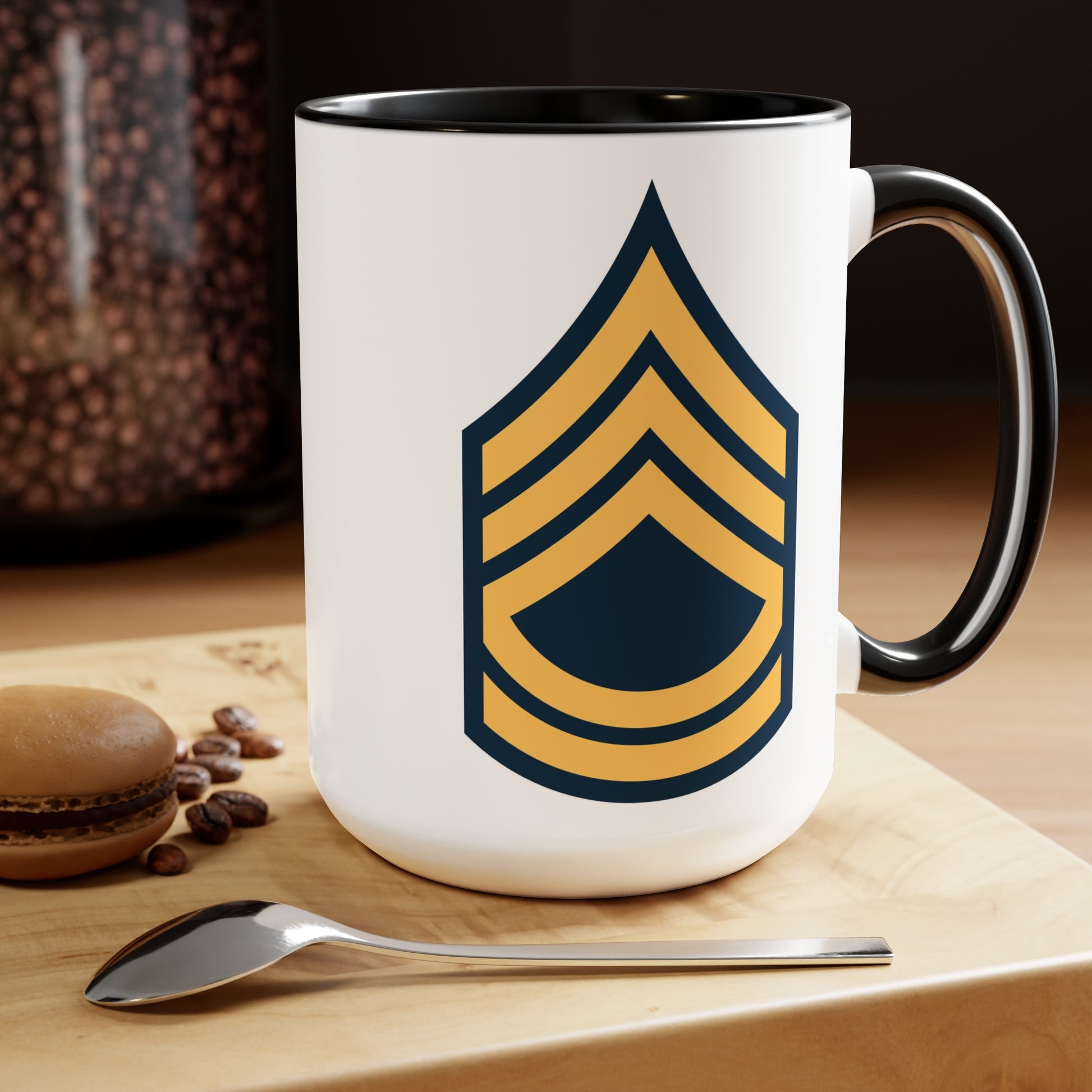 US Army Sergeant First Class Coffee Mug - Double Sided Two-Tone Black Accent 15oz White Ceramic by TheGlassyLass