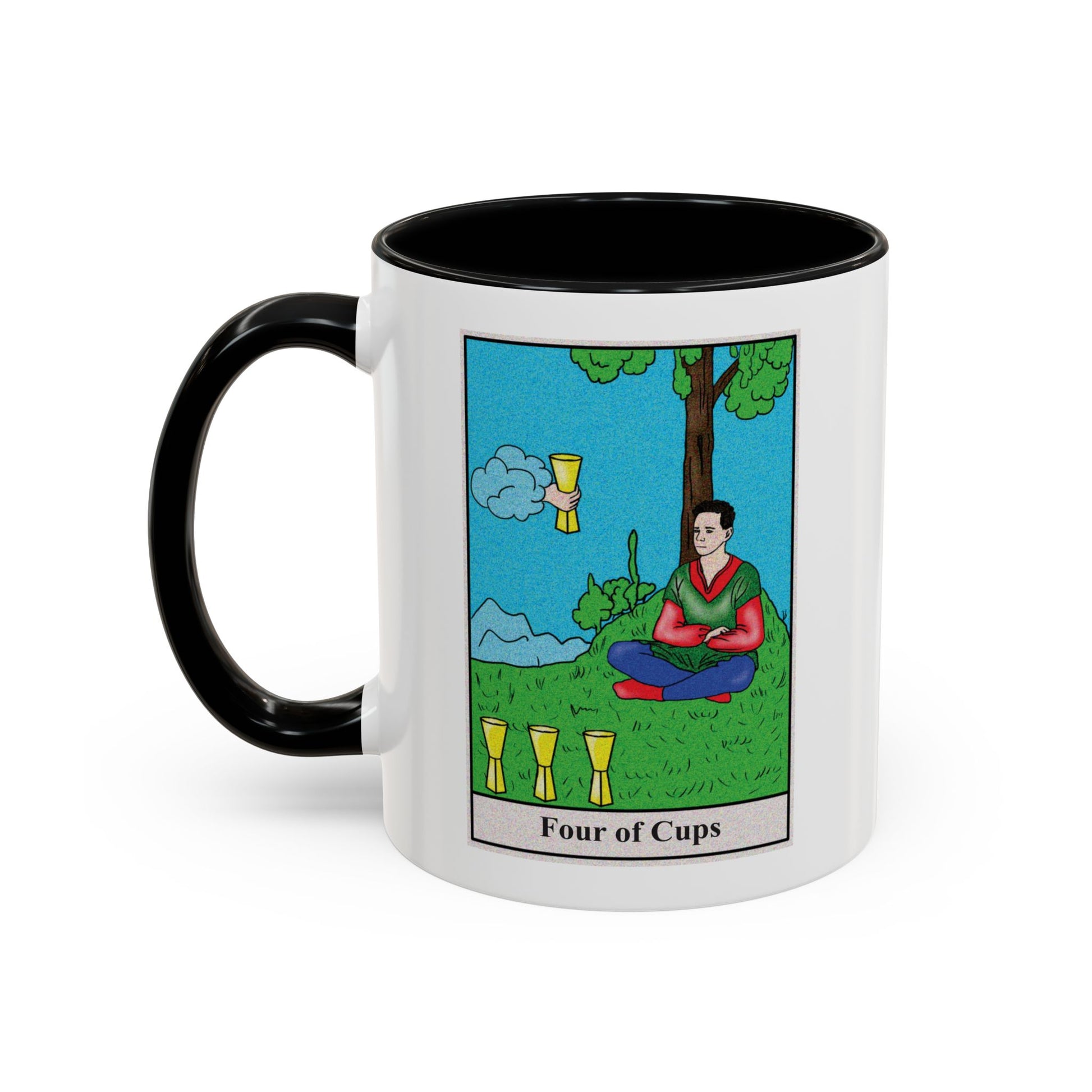 Four of Cups Tarot Card Coffee Mug - Double Sided Print, Black Accent White Ceramic, 11oz by TheGlassyLass.com