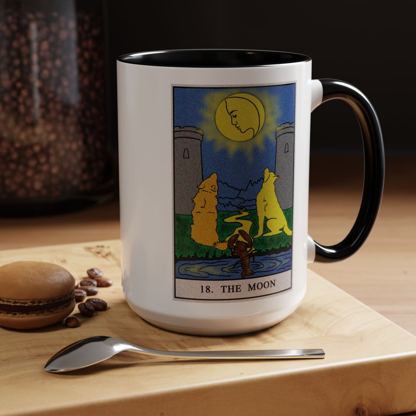 The Moon Tarot Card Coffee Mug - Double Sided Black Accent White Ceramic 15oz by TheGlassyLass