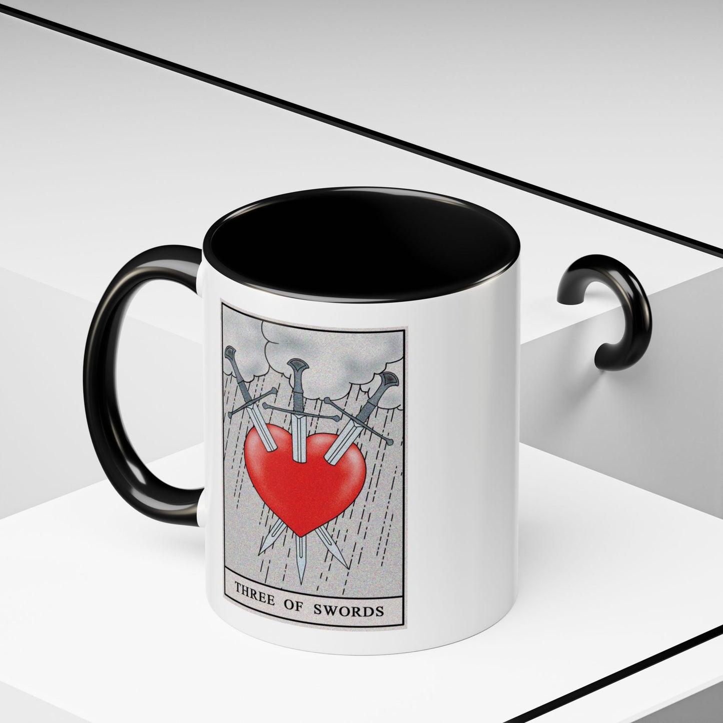 Three of Swords Tarot Card Coffee Mug - Double Sided Print, Black Accent White Ceramic, 11oz by TheGlassyLass.com