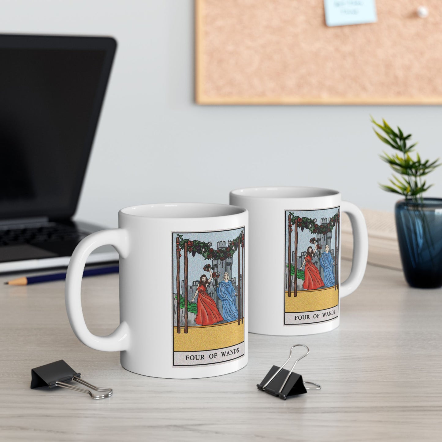 Four of Wands of Wands Tarot Card Coffee Mug - Double Sided Print, White Ceramic, 11oz by TheGlassyLass.com
