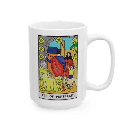 Ten of Pentacles Tarot Card Coffee Mug - Double Sided White Ceramic 15oz by TheGlassyLass.com