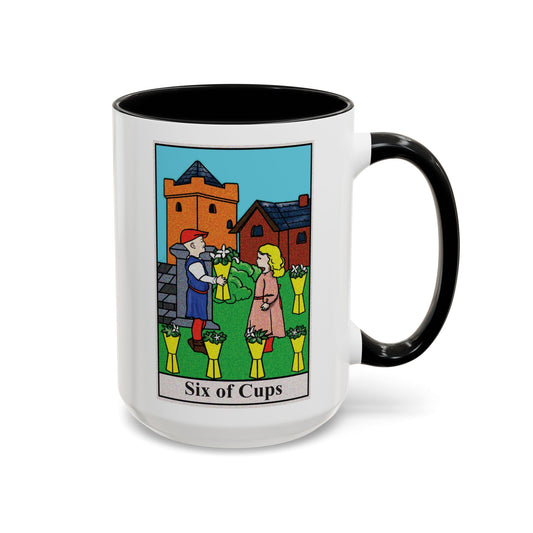 Six of Cups Tarot Card Coffee Mug - Double Sided Black Accent White Ceramic 15oz by TheGlassyLass.com