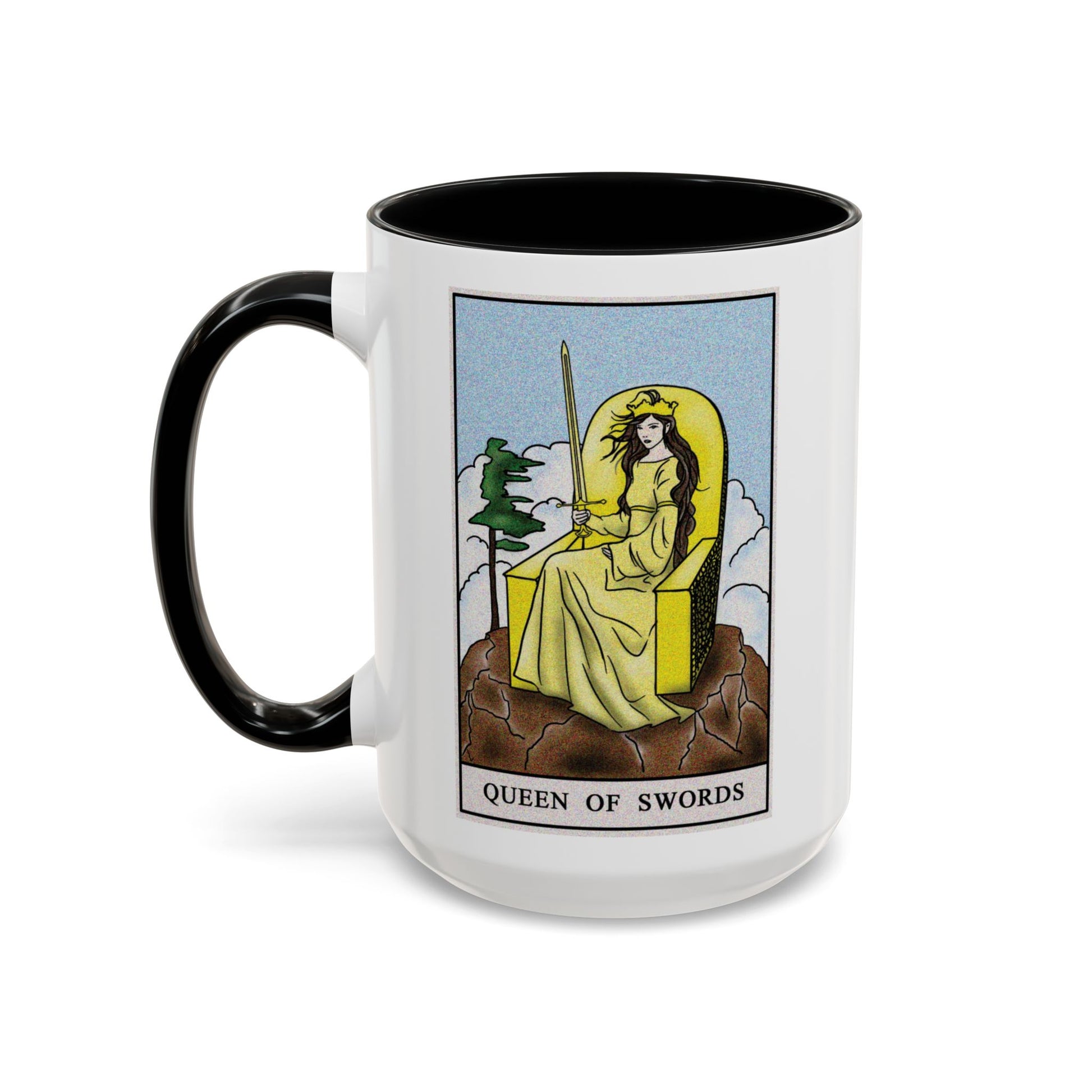 Queen of Swords Tarot Card Coffee Mug - Double Sided Black Accent White Ceramic 15oz by TheGlassyLass.com