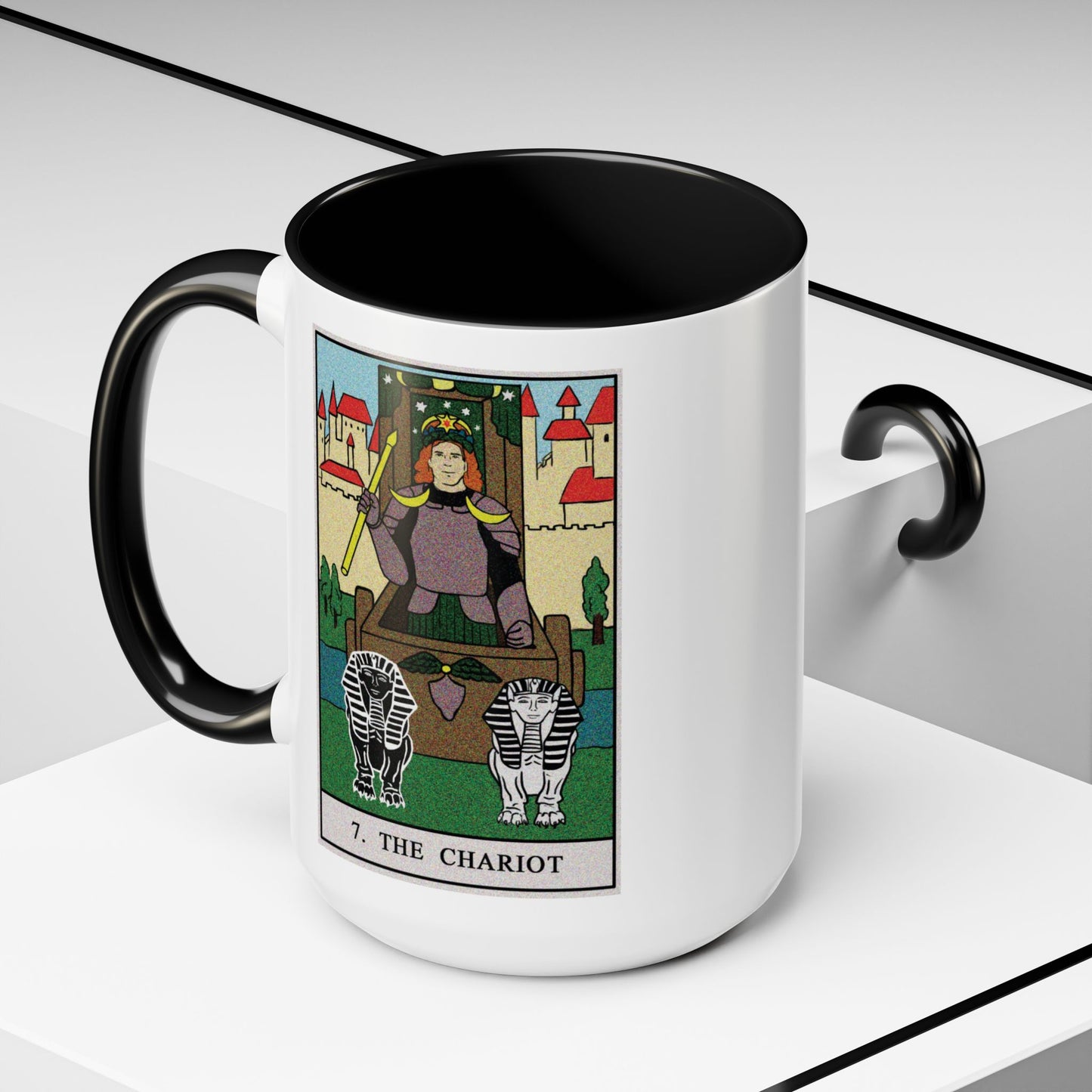 The Chariot Tarot Card Coffee Mug - Double Sided Black Accent White Ceramic 15oz by TheGlassyLass.com
