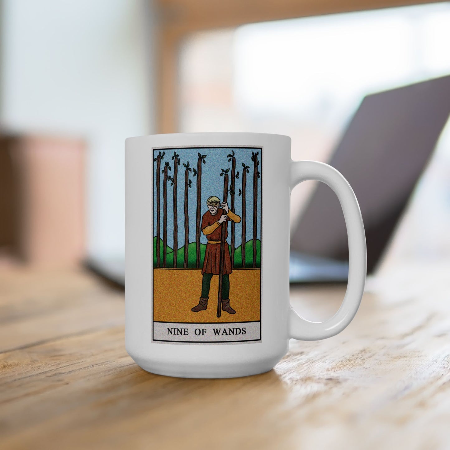 Nine of Wands Tarot Card Coffee Mug - Double Sided White Ceramic 15oz by TheGlassyLass.com