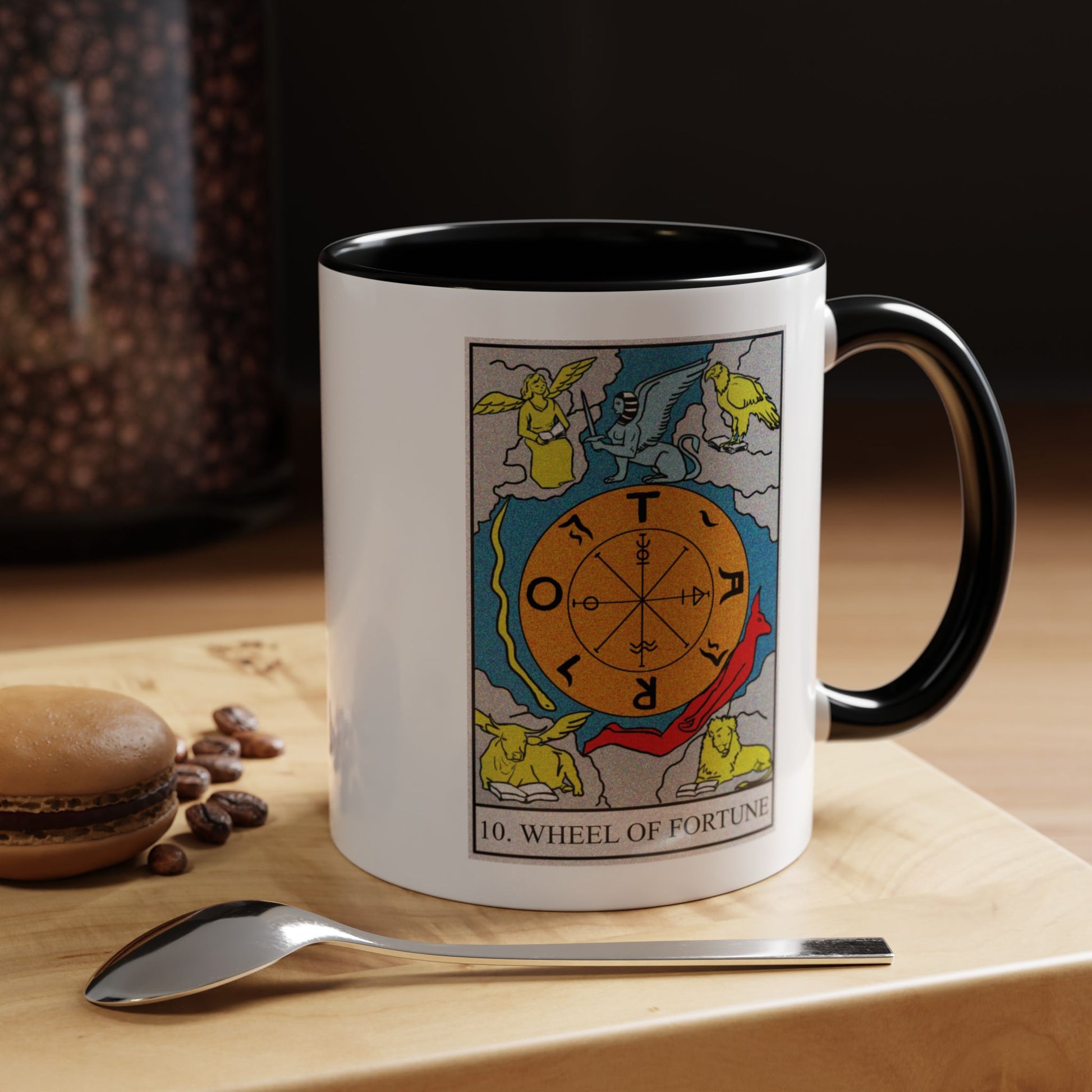 The Wheel of Fortune Tarot Card Coffee Mug - Double Sided Print, Black Accent White Ceramic, 11oz by TheGlassyLass.com