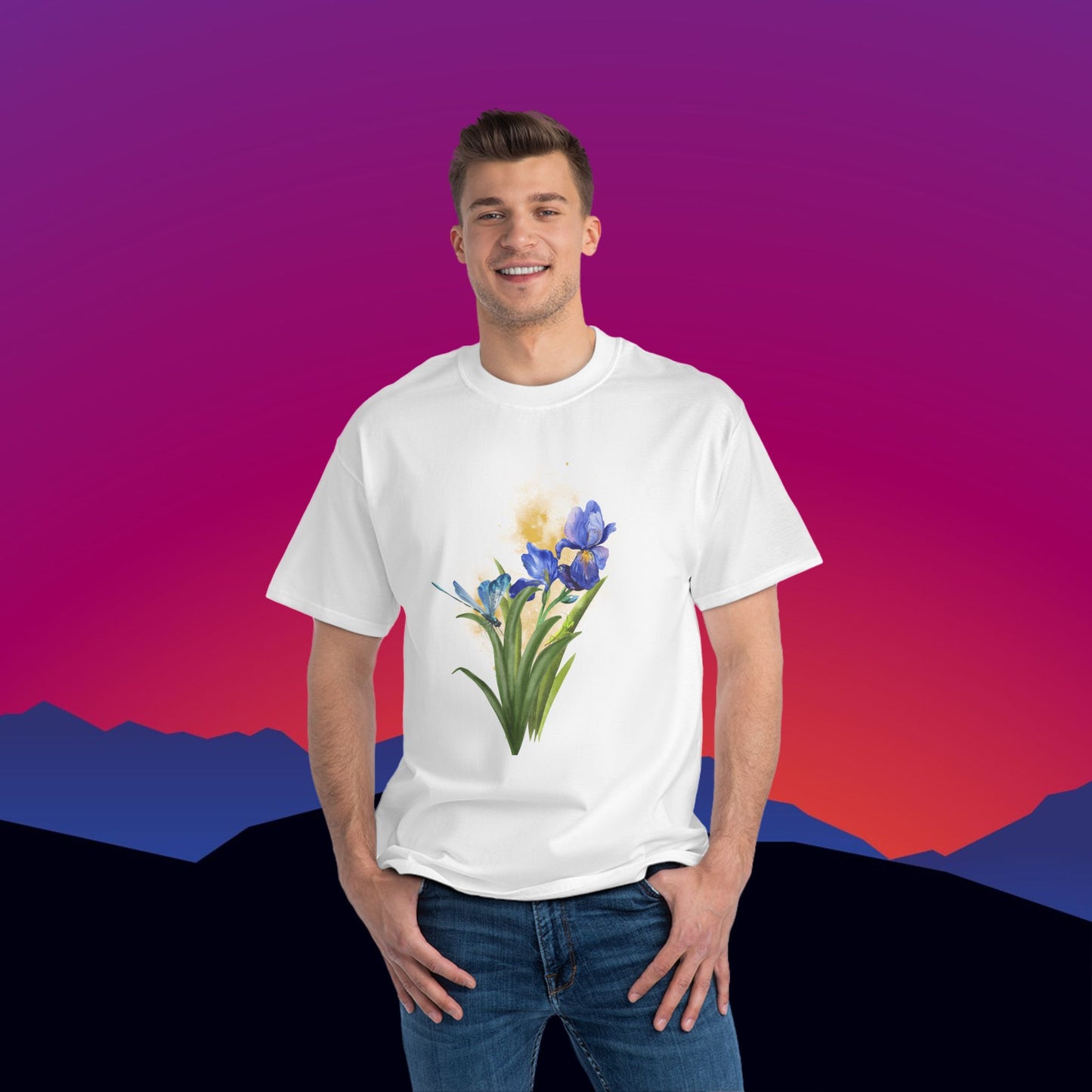 Iris Bloom T-Shirt: (Hanes Beefy-T 100% Preshrunk Cotton Custom Printed by TheGlassyLass.com