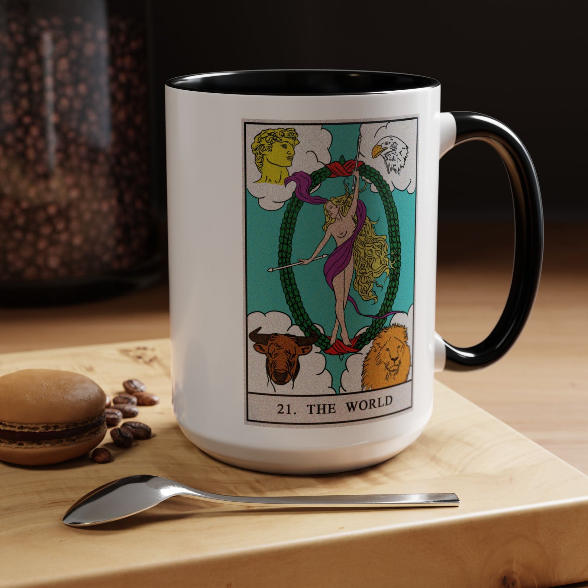 The World Tarot Card Coffee Mug - Double Sided Black Accent White Ceramic 15oz by TheGlassyLass.com