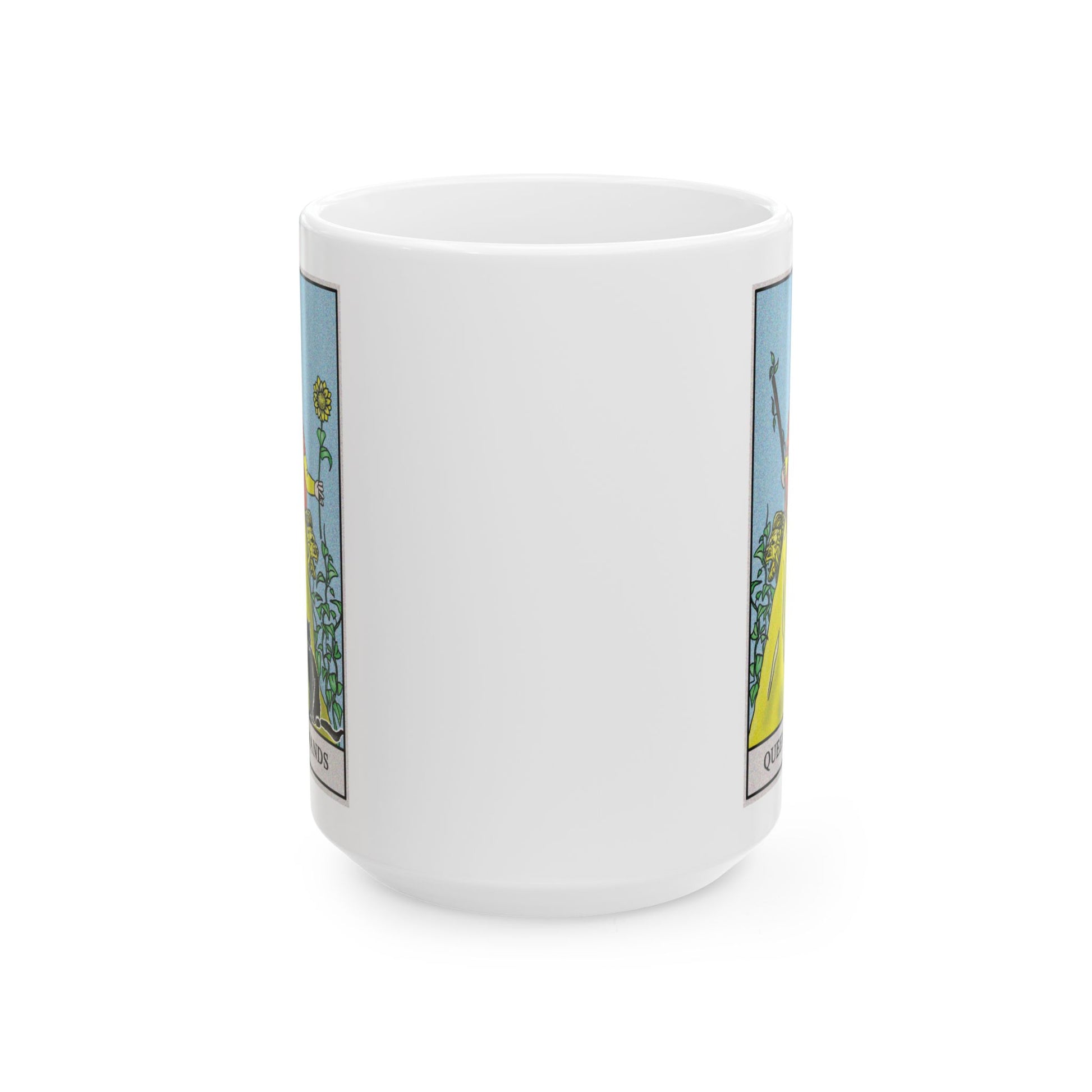 Queen of Wands Tarot Card Coffee Mug - Double Sided White Ceramic 15oz by TheGlassyLass.com