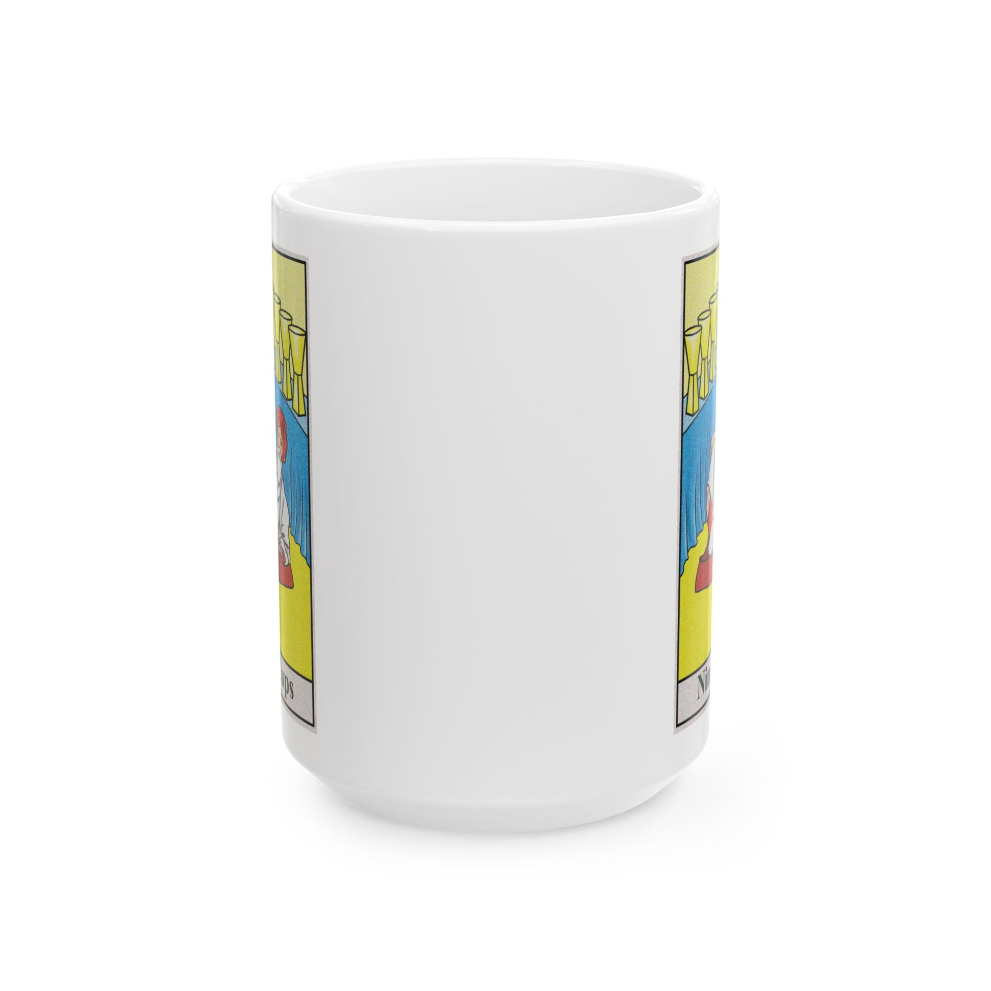 Nine of Cups Tarot Card Coffee Mug - Double Sided White Ceramic 15oz by TheGlassyLass.com