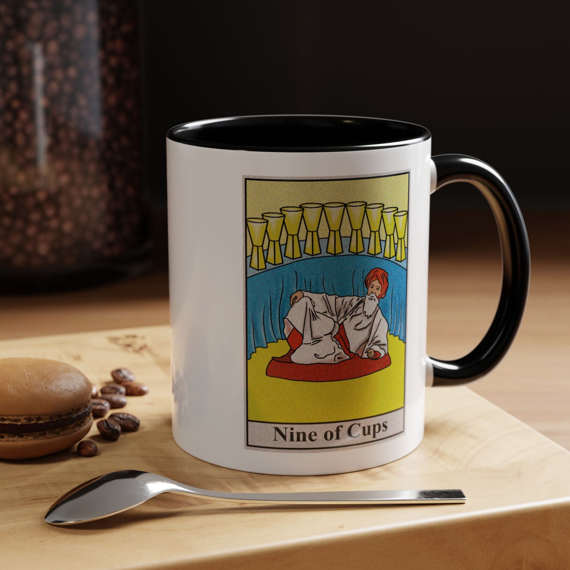 Nine of Cups Tarot Card Coffee Mug - Double Sided Print, Black Accent White Ceramic, 11oz by TheGlassyLass.com