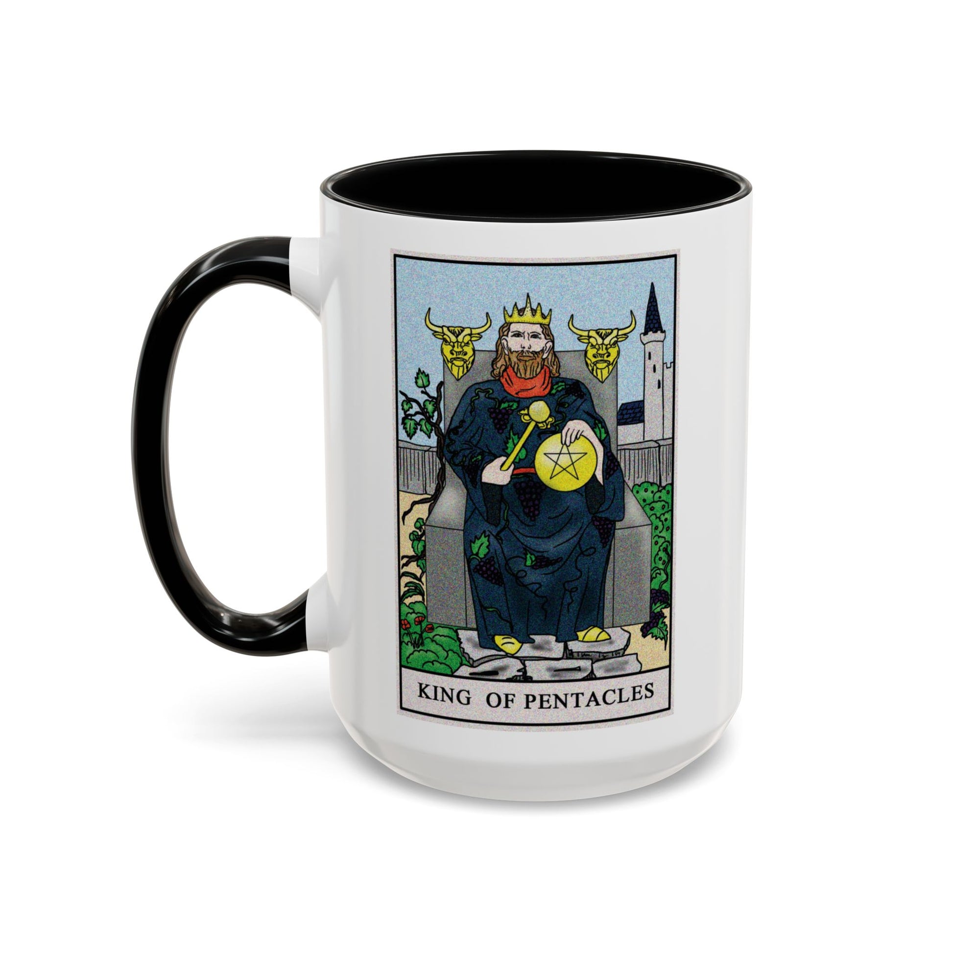 King of Pentacles Tarot Card Coffee Mug - Double Sided Black Accent White Ceramic 15oz by TheGlassyLass.com