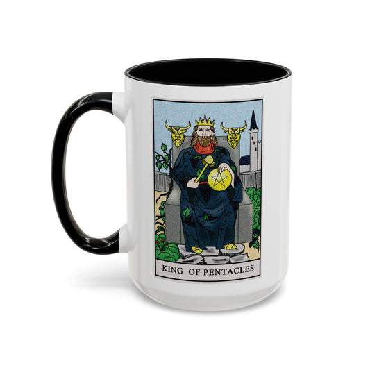 King of Pentacles Tarot Card Coffee Mug - Double Sided Black Accent White Ceramic 15oz by TheGlassyLass.com