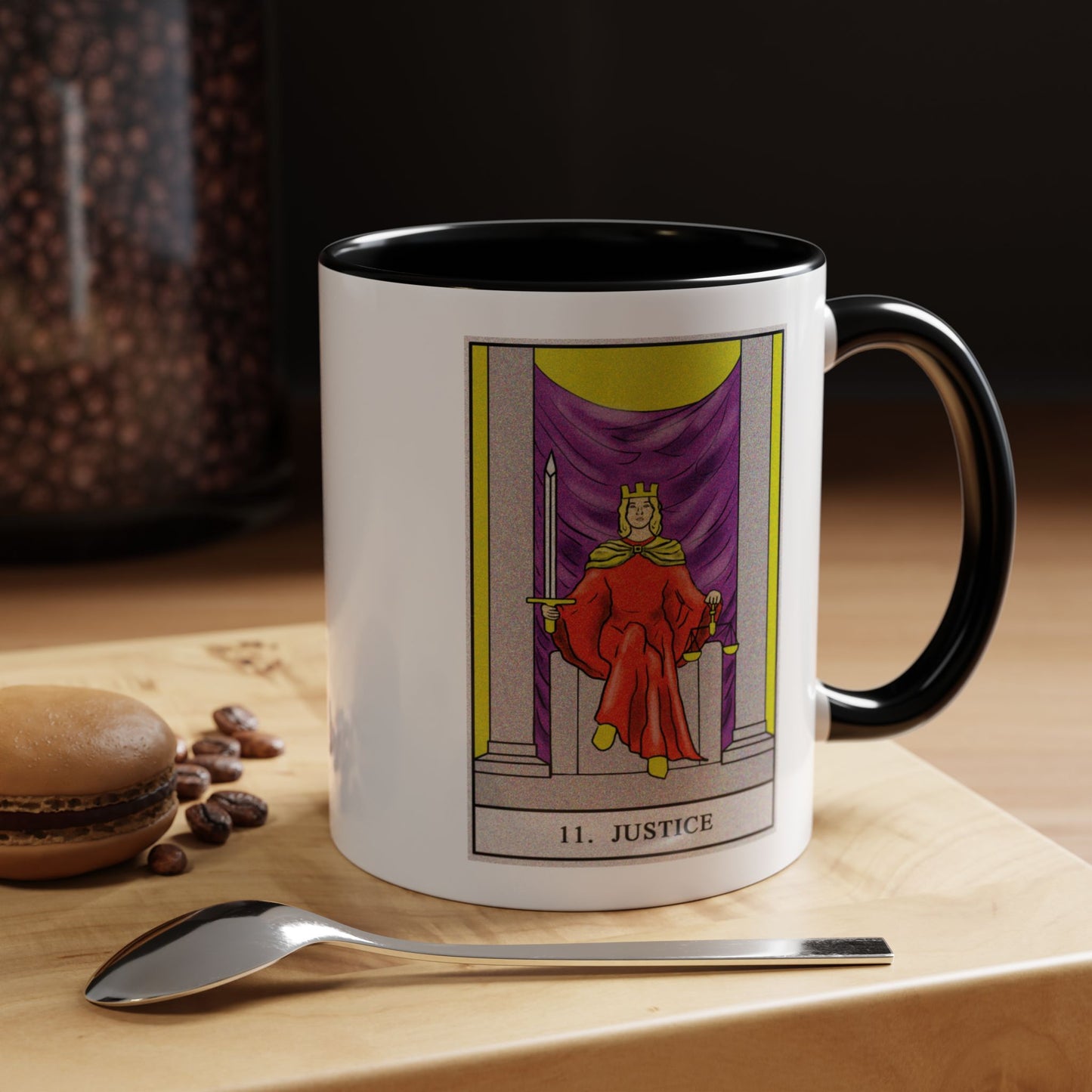 Justice Tarot Card Coffee Mug - Double Sided Print, Black Accent White Ceramic, 11oz by TheGlassyLass.com