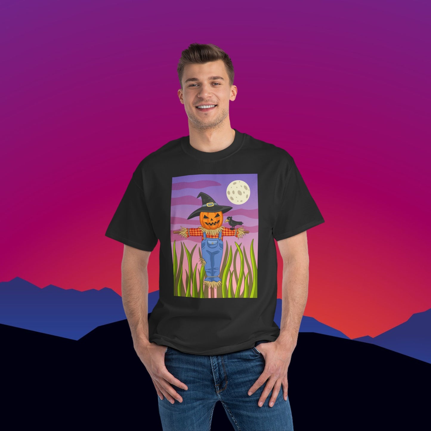 Jack O'Lantern Scarecrow T-Shirt: (Hanes Beefy-T 100% Preshrunk Cotton Custom Printed by TheGlassyLass.com