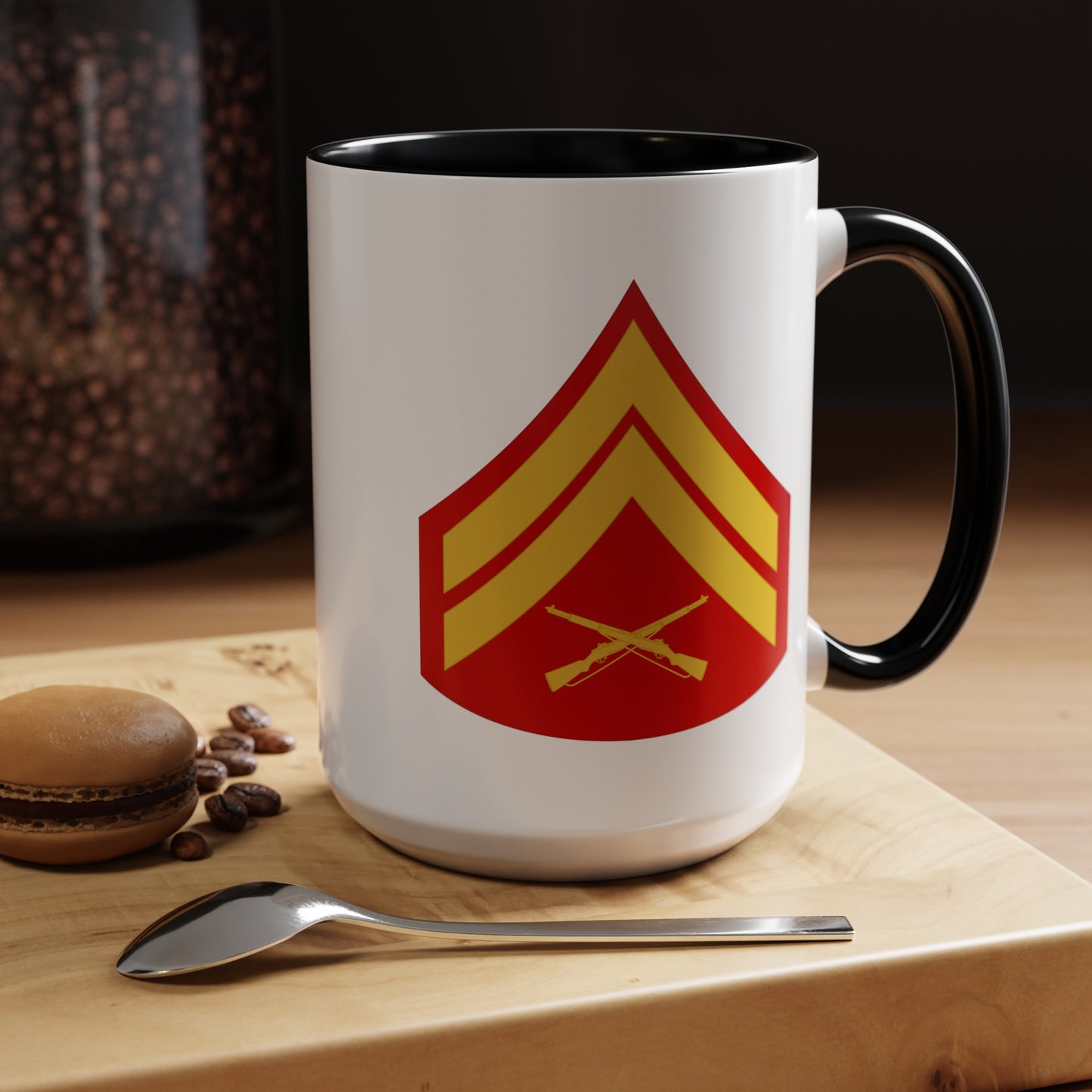 United States Marine Corps Corporal (E-4) Chevron Coffee Mug - Double Sided Black Accent White Ceramic 15oz - by TheGlassyLass.com