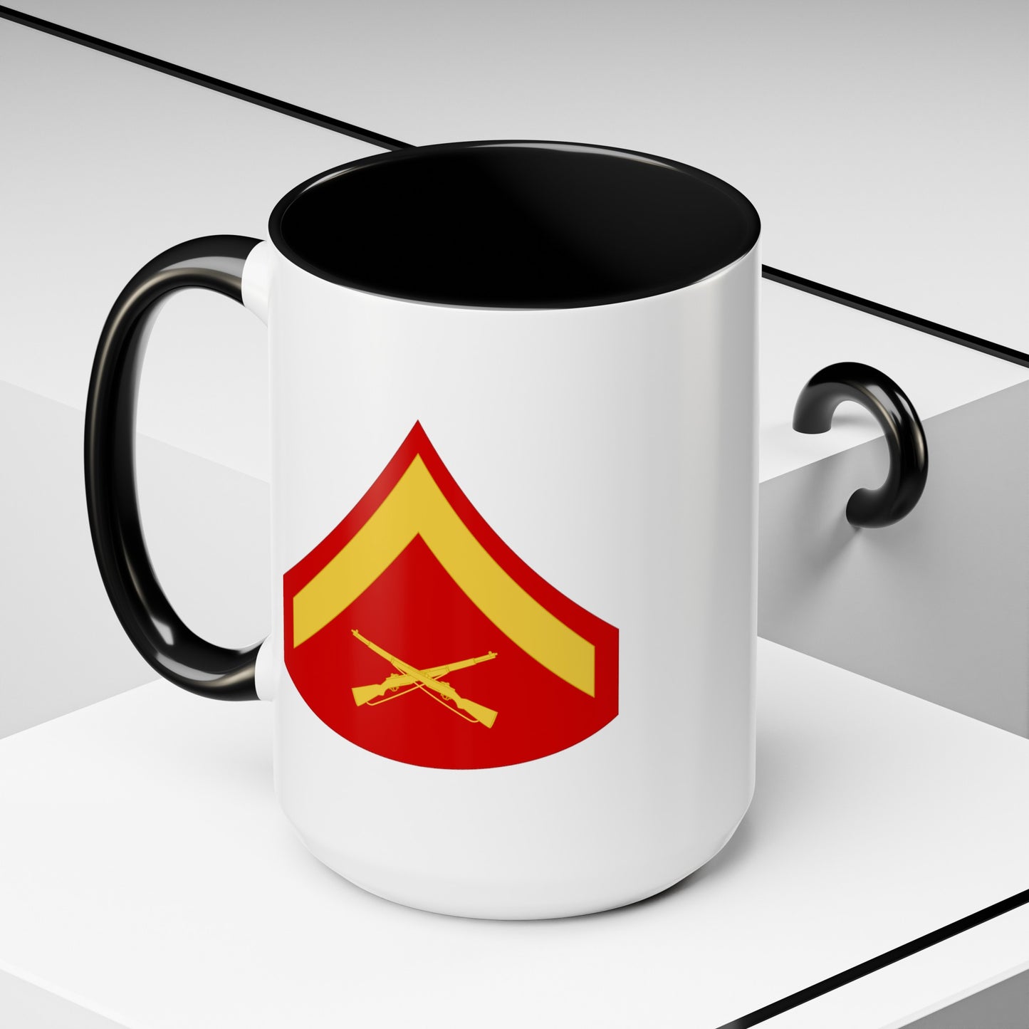 US Marine Corps Lance Corporal Chevron Coffee Mug - Double Sided Black Accent White Ceramic 15oz - by TheGlassyLass.com