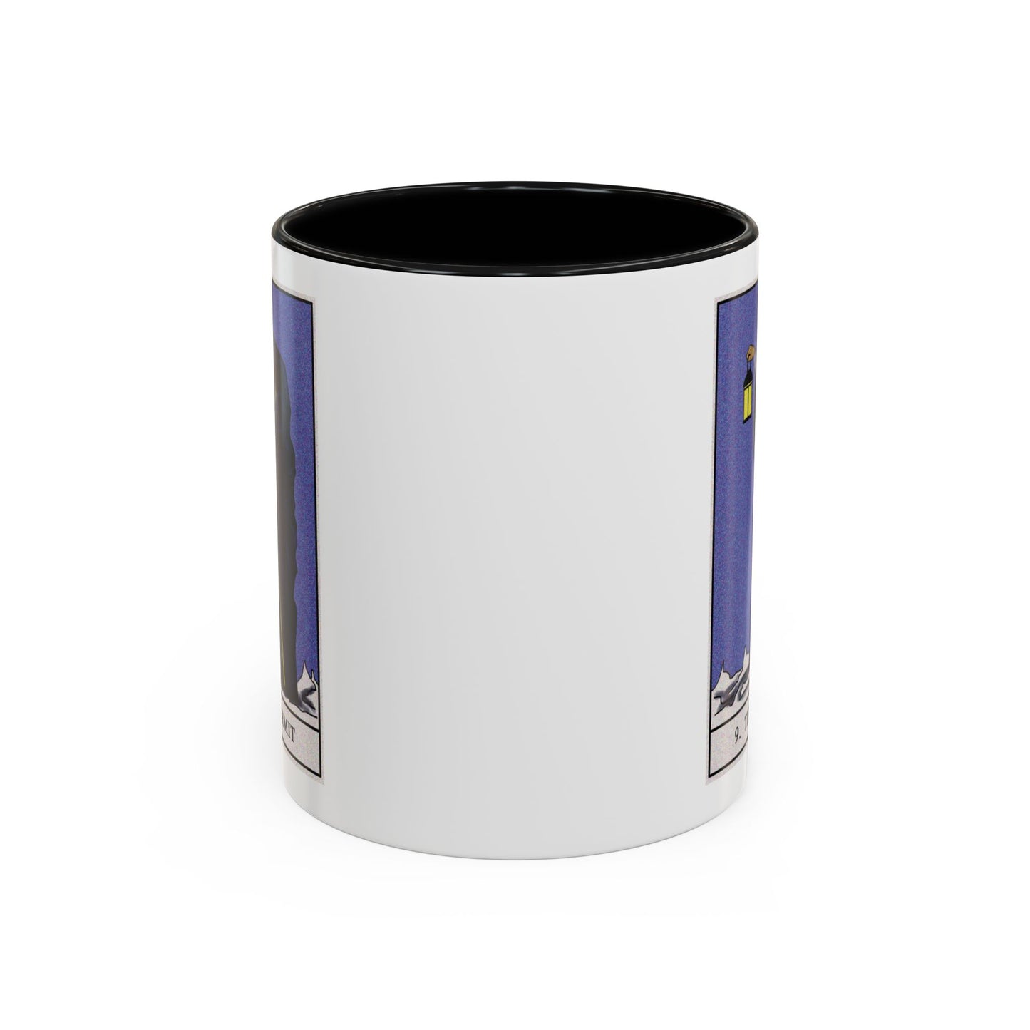 The Hermit Tarot Card Coffee Mug - Double Sided Print, Black Accent White Ceramic, 11oz by TheGlassyLass.com