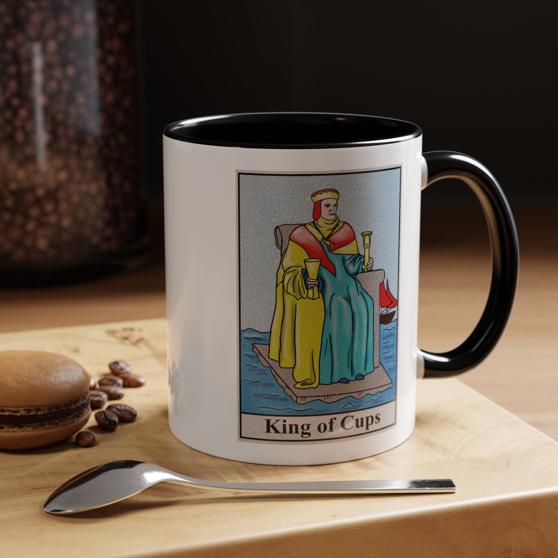 King of Cups Tarot Card Coffee Mug - Double Sided Print, Black Accent White Ceramic, 11oz by TheGlassyLass.com