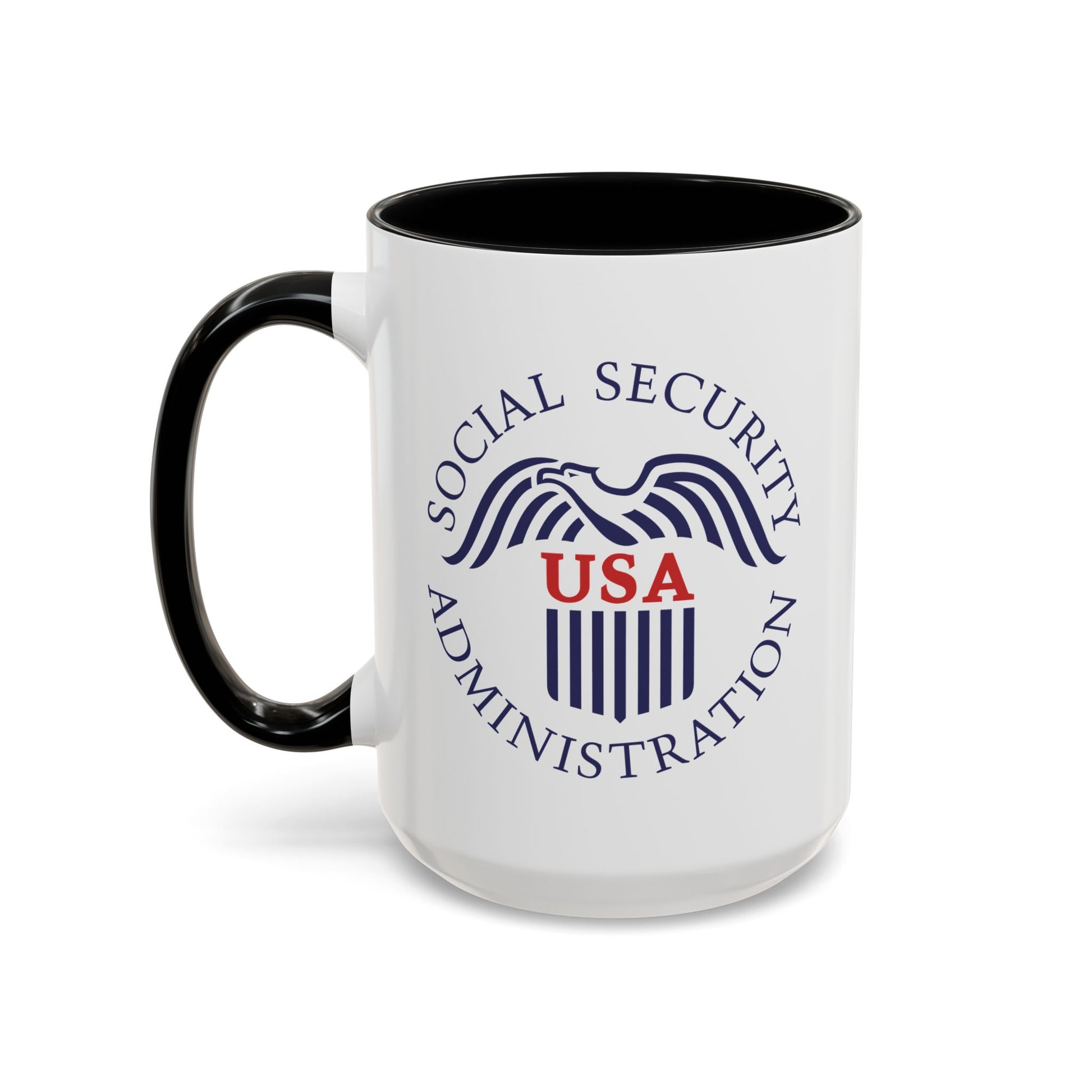 Social Security Administration Seal Coffee Mug - Double Sided Print, Black Accent White Ceramic, 15oz by TheGlassyLass.com
