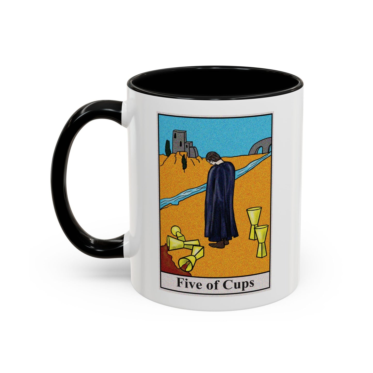 Five of Cups Tarot Card Coffee Mug - Double Sided Print, Black Accent White Ceramic, 11oz by TheGlassyLass.com