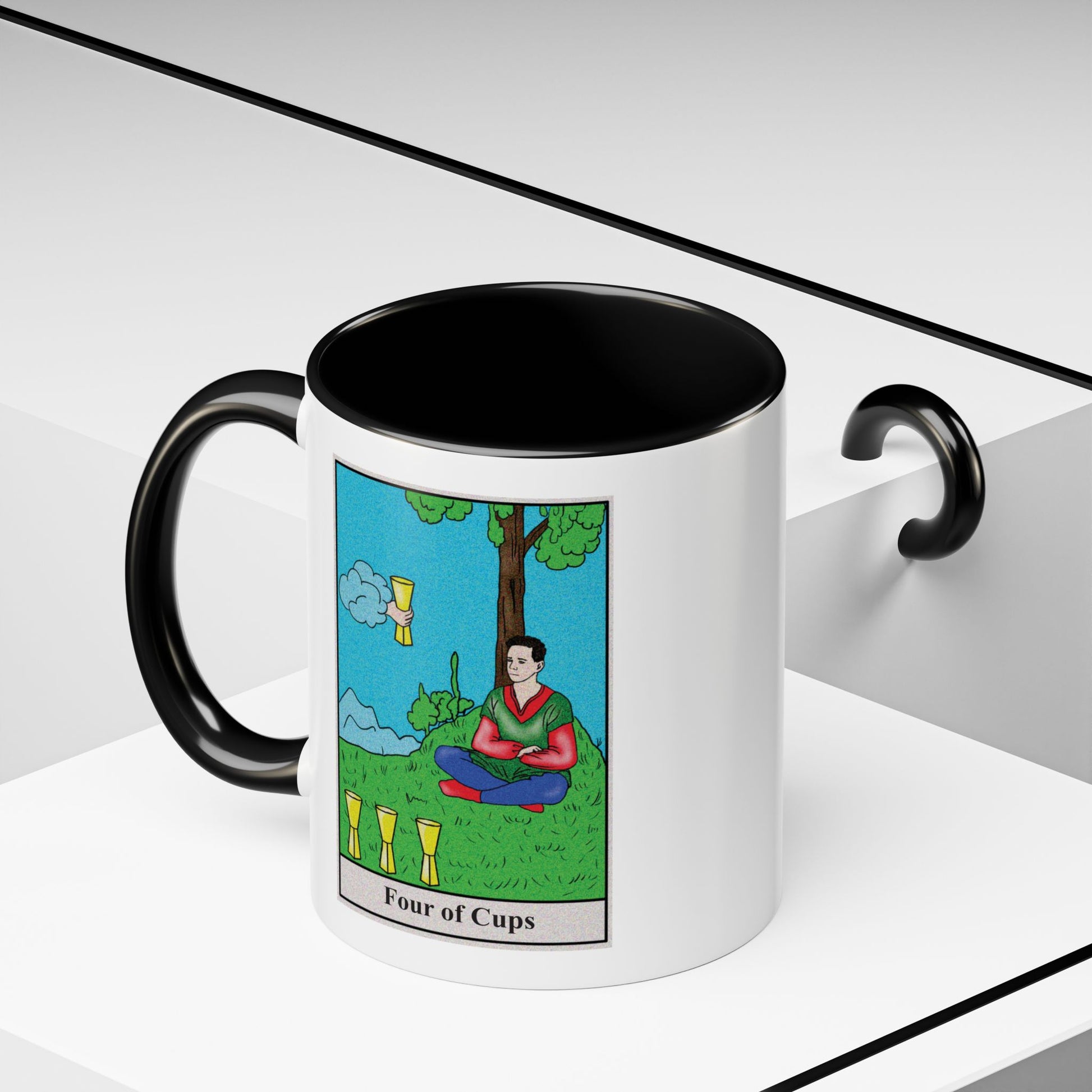 Four of Cups Tarot Card Coffee Mug - Double Sided Print, Black Accent White Ceramic, 11oz by TheGlassyLass.com