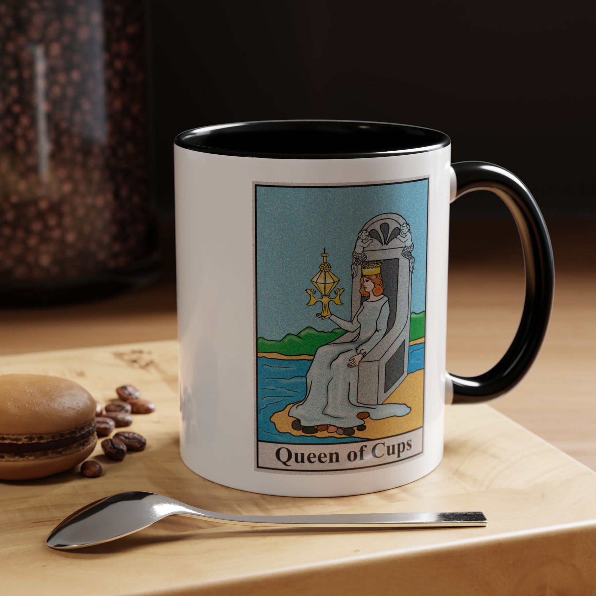 Queen of Cups Tarot Card Coffee Mug - Double Sided Print, Black Accent White Ceramic, 11oz by TheGlassyLass.com