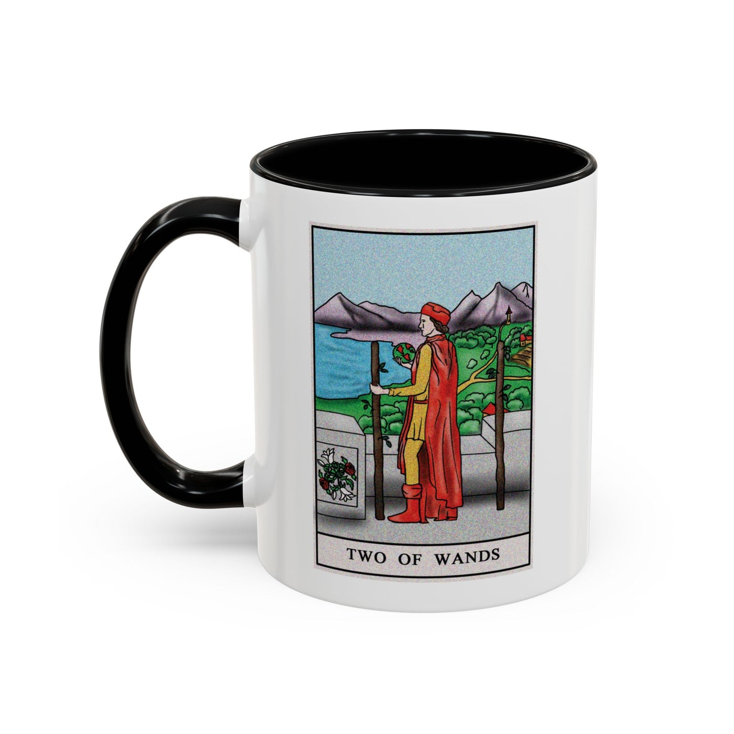Two of Wands Tarot Card Coffee Mug - Double Sided Print, Black Accent White Ceramic, 11oz by TheGlassyLass.com
