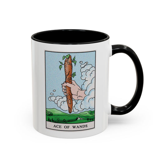 Ace of Wands Tarot Card Coffee Mug - Double Sided Print, Black Accent White Ceramic, 11oz by TheGlassyLass.com