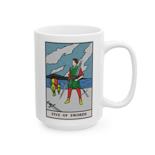 Five of Swords Tarot Card Coffee Mug - Double Sided White Ceramic 15oz by TheGlassyLass.com