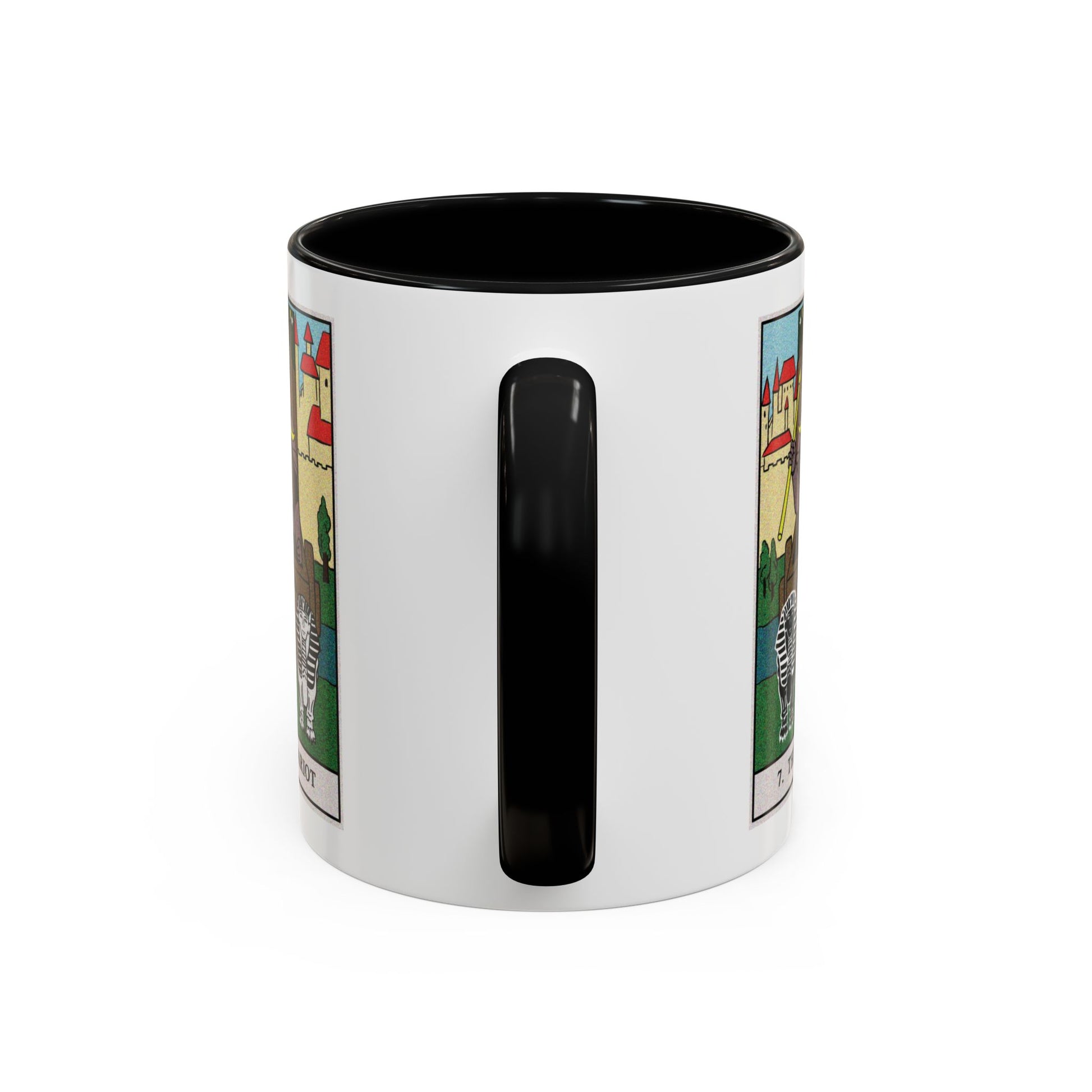 The Chariot Tarot Card Coffee Mug - Double Sided Print, Black Accent White Ceramic, 11oz by TheGlassyLass.com