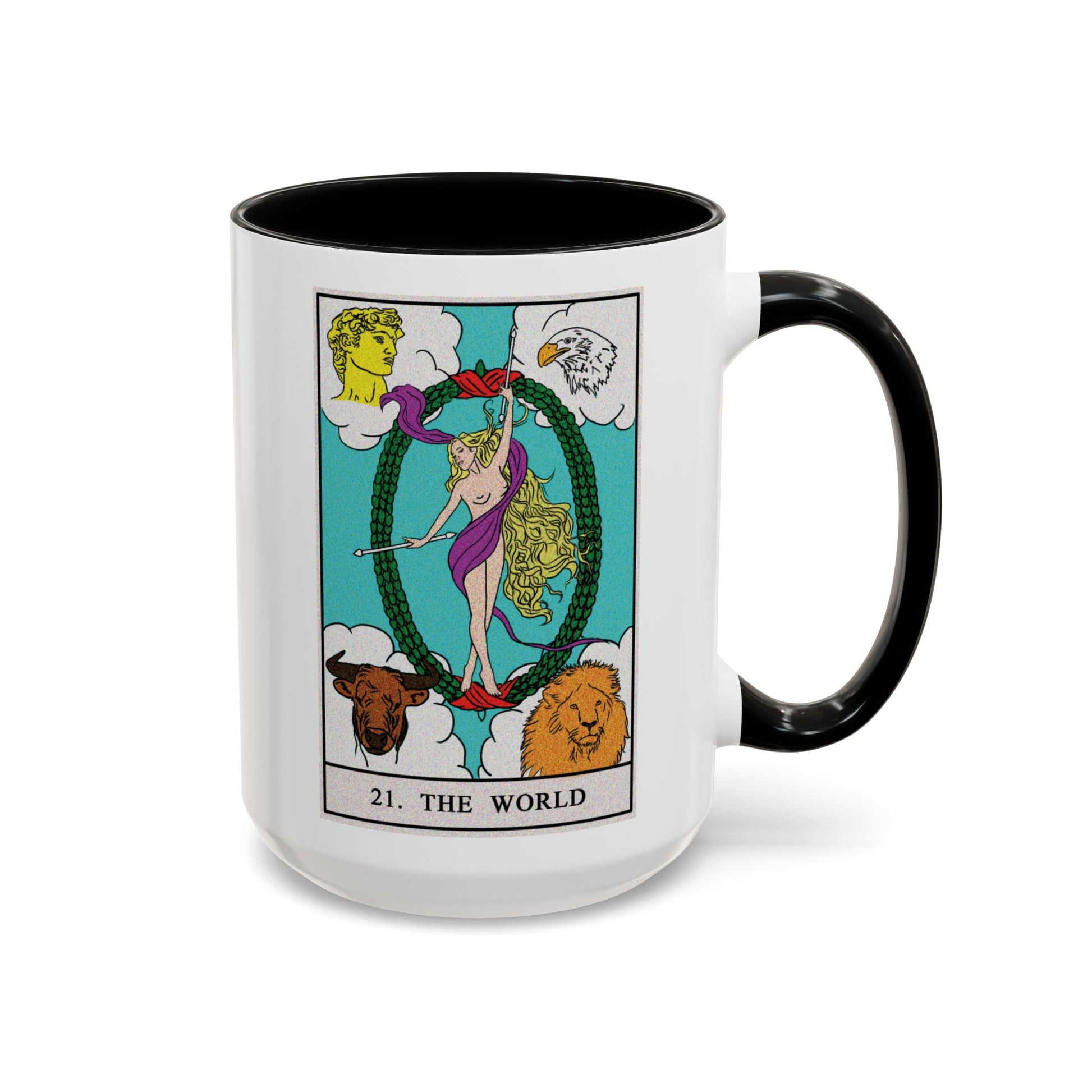 The World Tarot Card Coffee Mug - Double Sided Black Accent White Ceramic 15oz by TheGlassyLass.com