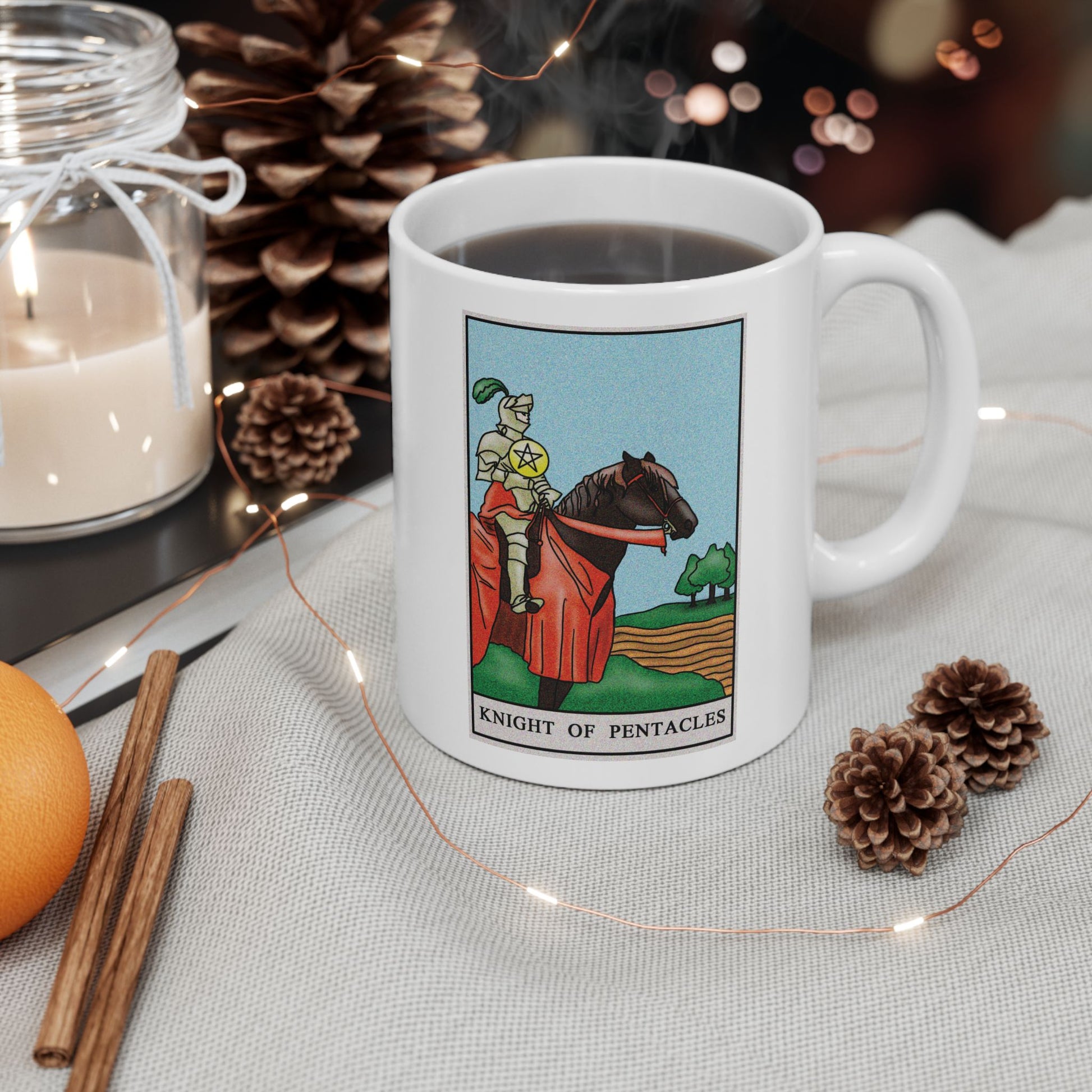 Knight of Pentacles Tarot Card Coffee Mug - Double Sided Print, White Ceramic, 11oz by TheGlassyLass.com