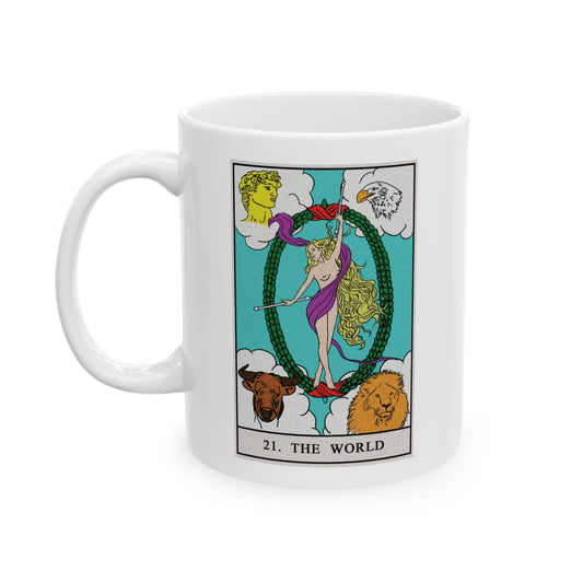 The World Tarot Card Coffee Mug - Double Sided Print, White Ceramic, 11oz by TheGlassyLass