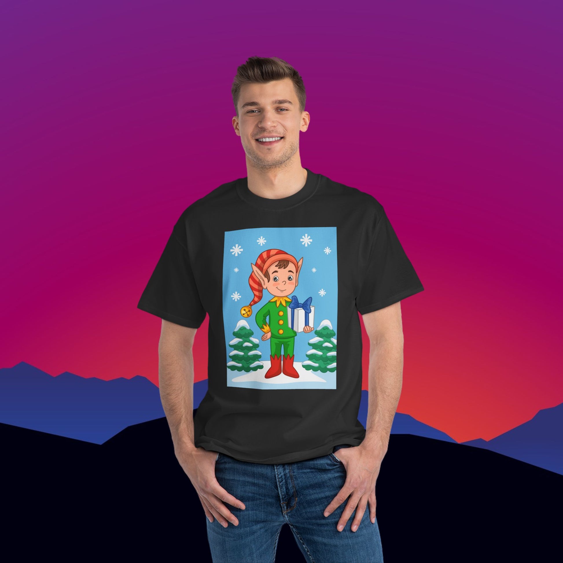 Christmas Elf T-Shirt: (Hanes Beefy-T 100% Preshrunk Cotton Custom Printed by TheGlassyLass.com