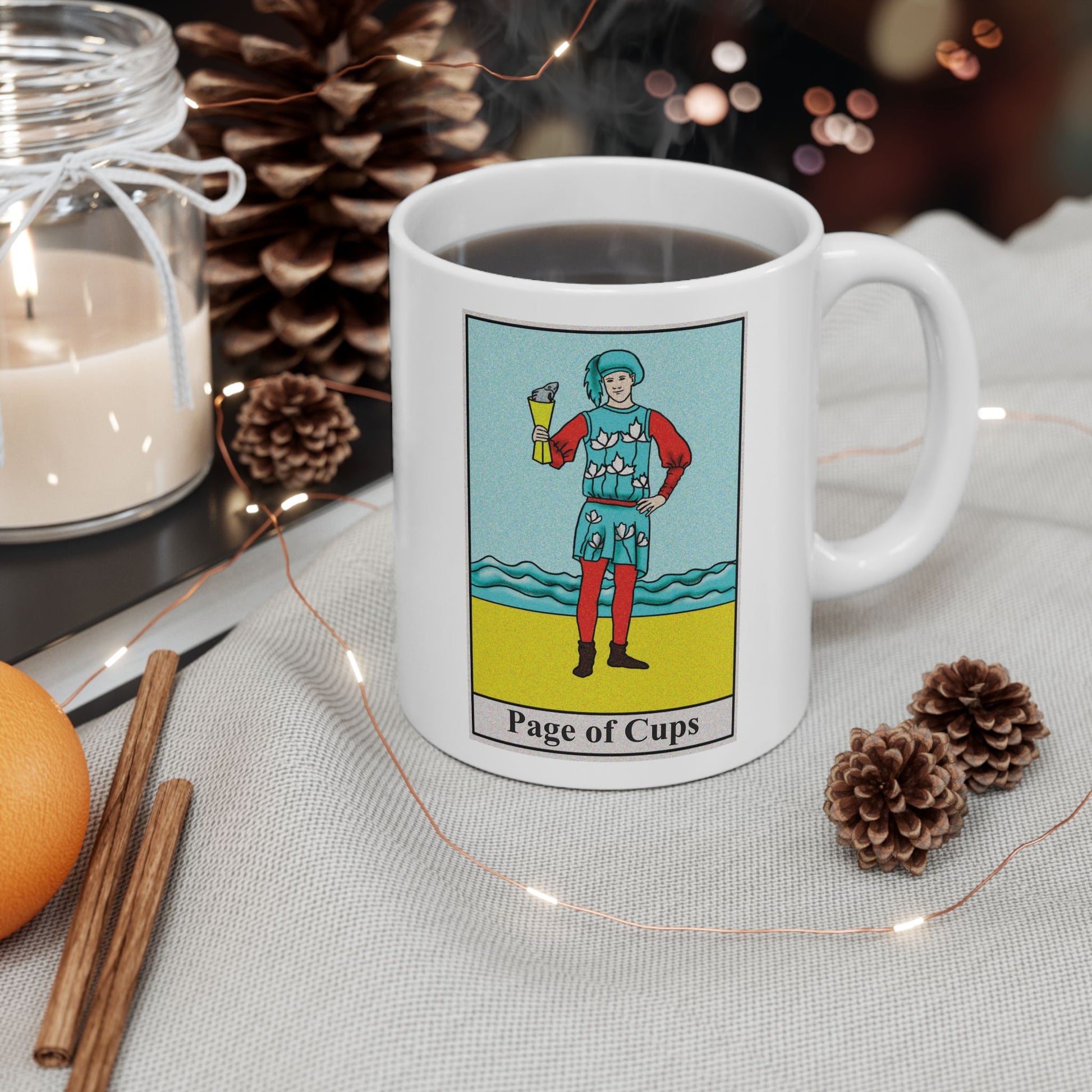 Page of Cups Tarot Card Coffee Mug - Double Sided Print, White Ceramic, 11oz by TheGlassyLass.com